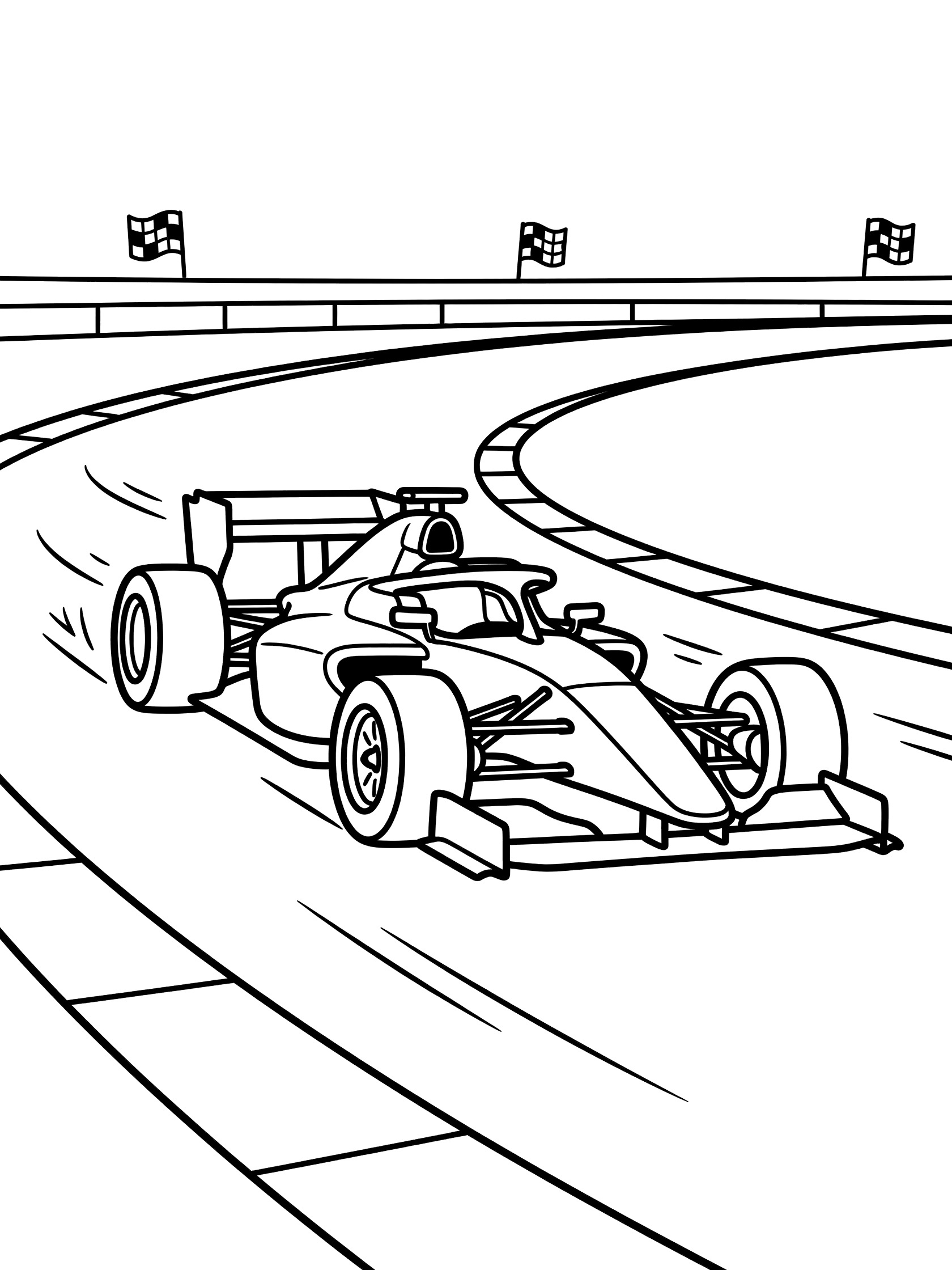 Black and white coloring page of a Formula race car leaning into a turn on a curved track with speed lines and checkered flags in the background.