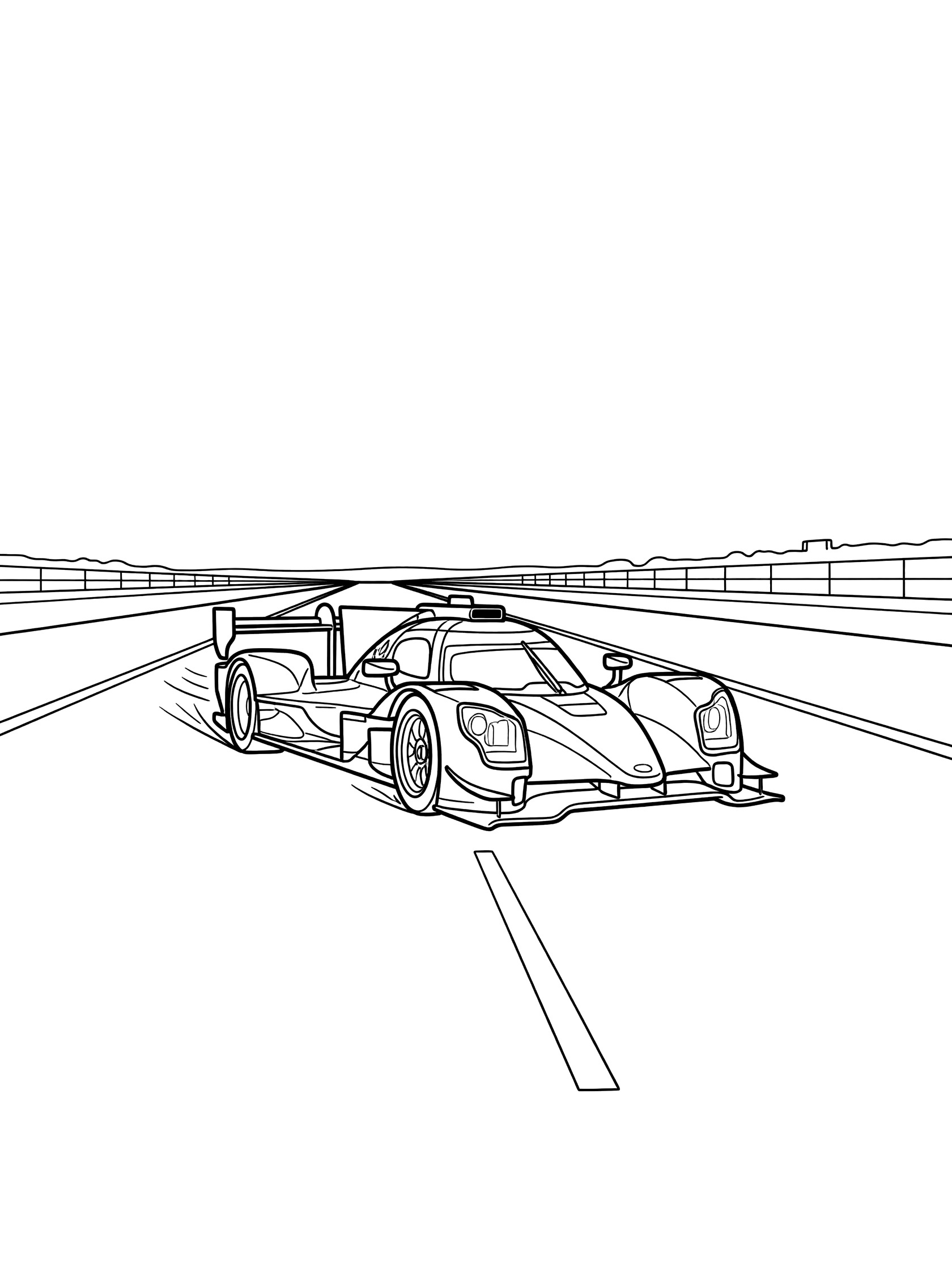 Black-and-white coloring page of an LMP car in profile speeding forward on a straight track with spinning wheels, motion trails, lane markings, and distant grandstands