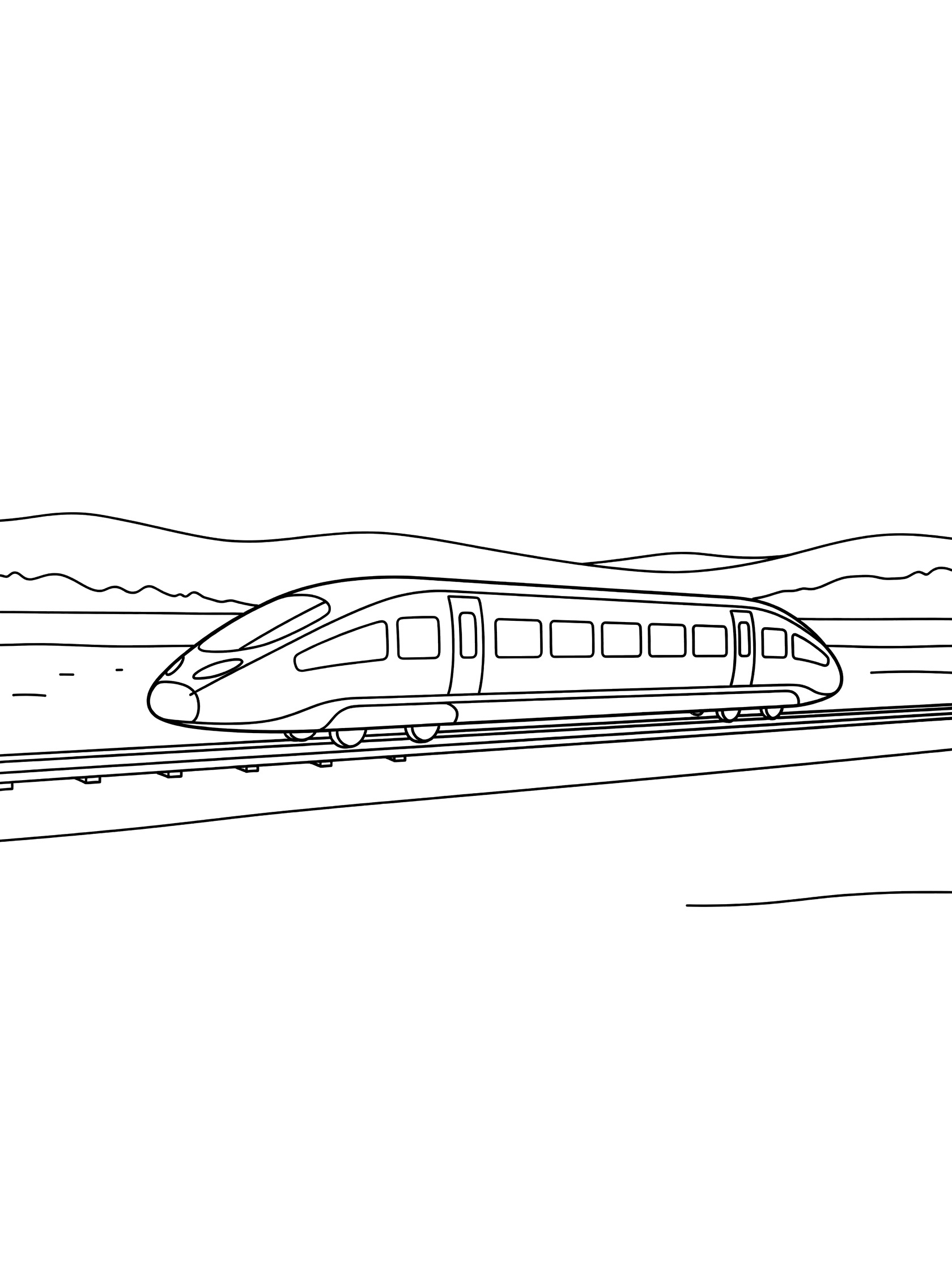 Black and white line drawing of a streamlined maglev train floating above track in flat landscape with distant hills, printable coloring page