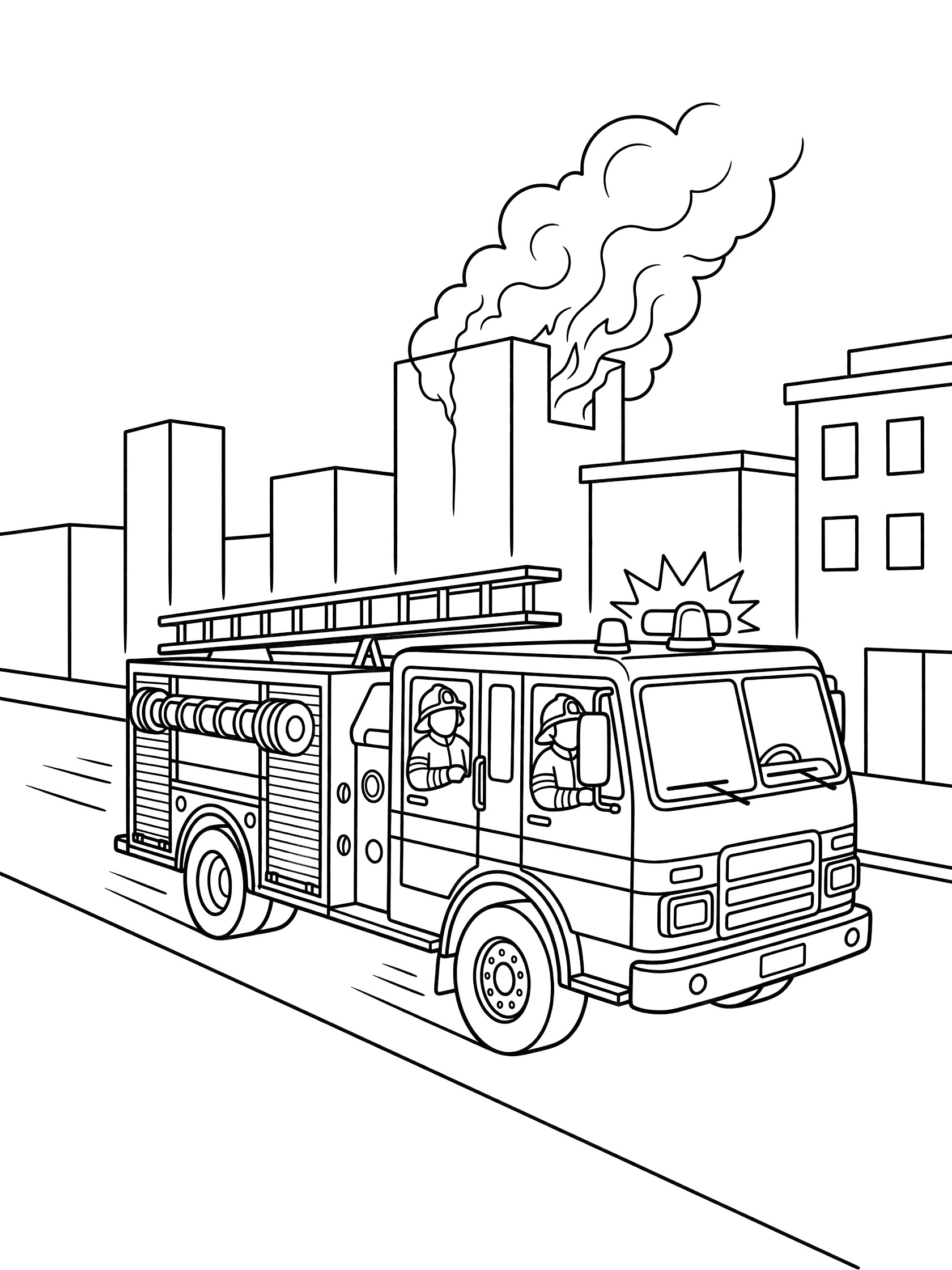 Black and white line art of a red pumper fire truck speeding on a road toward a distant fire with smoke, firefighters leaning out, siren flashing, and city buildings in the background.