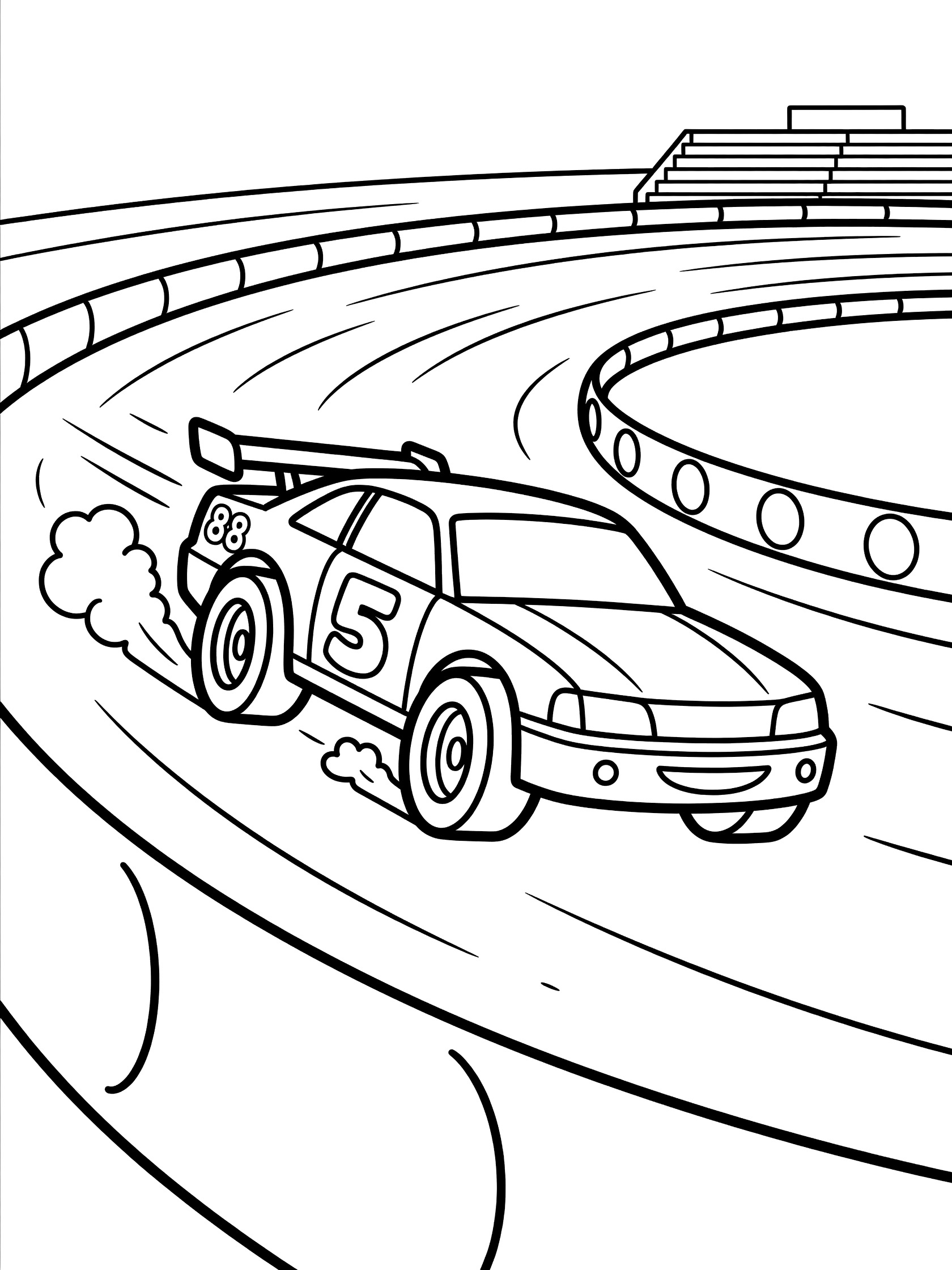 Black and white coloring page of a Street Stock race car leaning sharply into a curve on a dirt track, kicking up dust, with motion lines, oversized wheels, rear spoiler, door numbers 5 and 28, track barriers, and grandstands