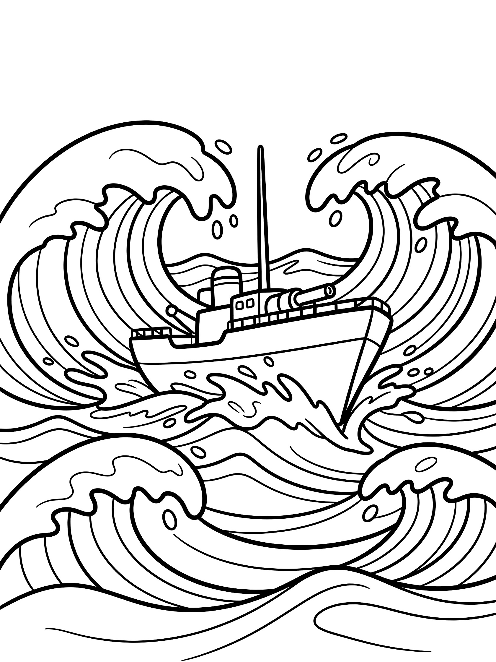 Line art coloring page showing a corvette surging forward with bow slicing tall ocean waves, one cannon on deck and upright mast, easy for preschoolers.