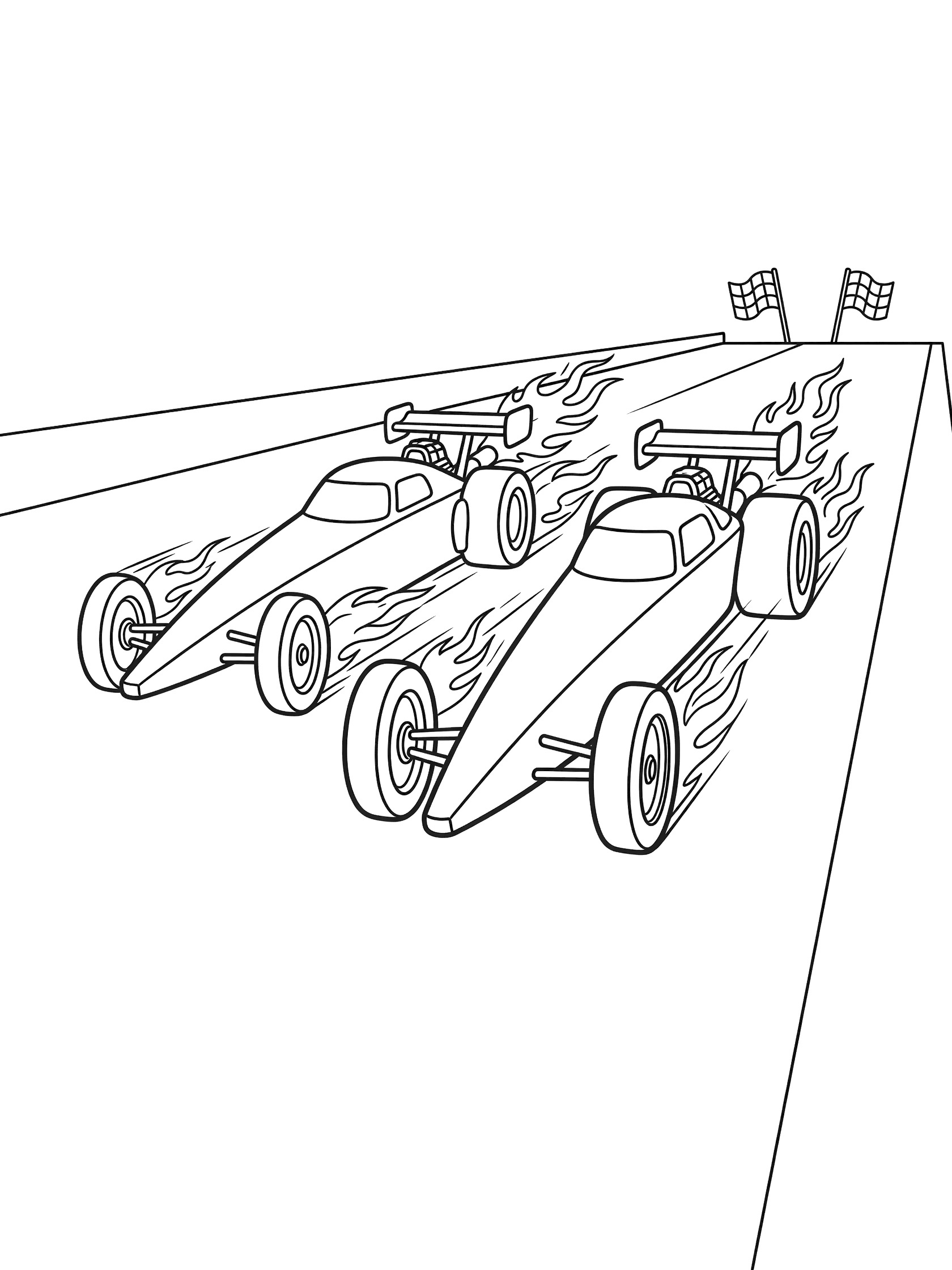 Line art coloring page showing two dragsters in motion on a drag strip with rear flames, spinning wheels, checkered flags, and side barriers.