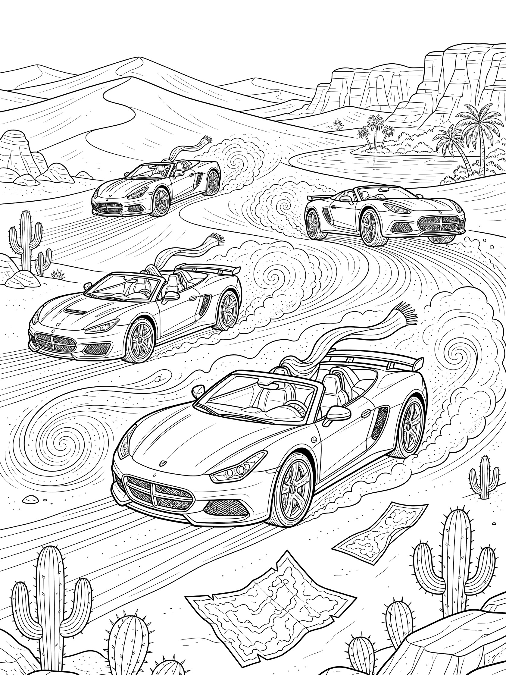 Line art coloring page showing three sleek luxury cars racing dynamically across rolling desert dunes, kicking up sand, with cacti, rocks, treasure map, and oasis in the background.