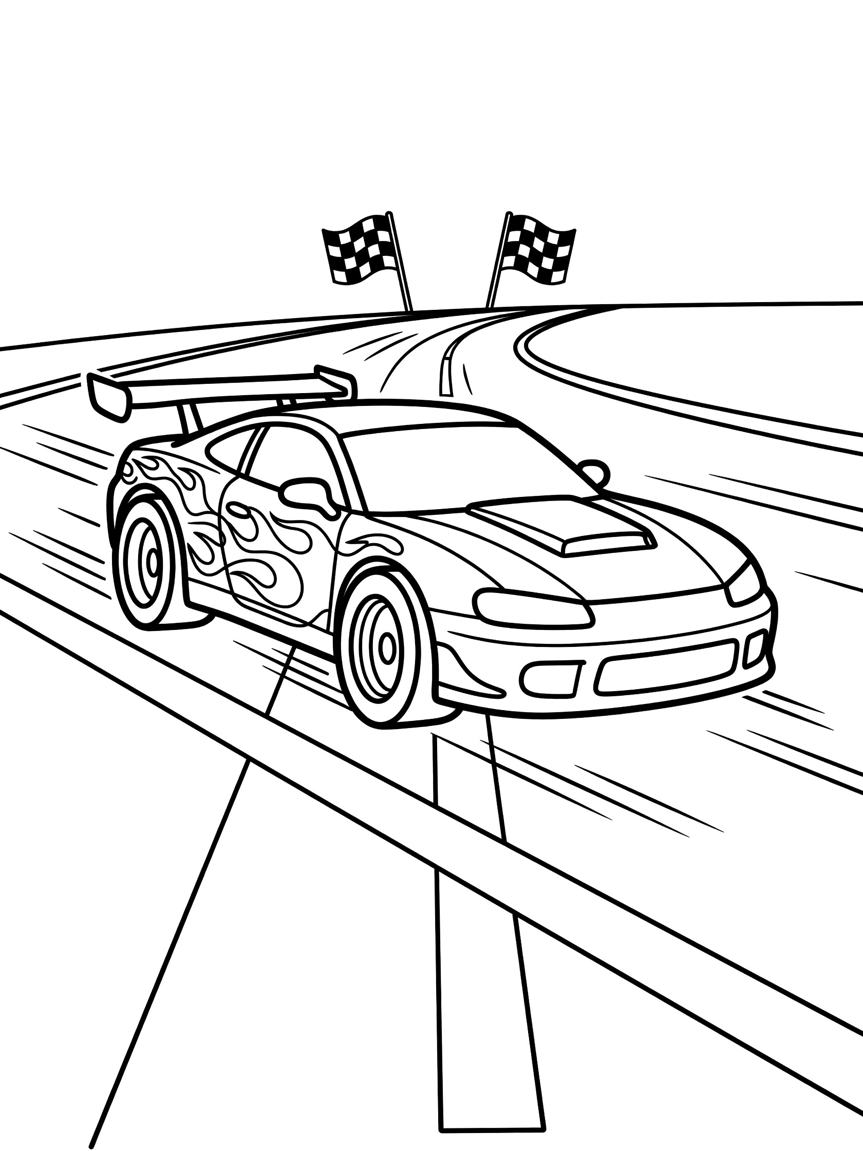 Black-and-white line art of a modified car speeding on a racetrack with large rear spoiler, hood scoop, flame designs on doors, slick tires, motion blur, lane markings, and checkered flags.