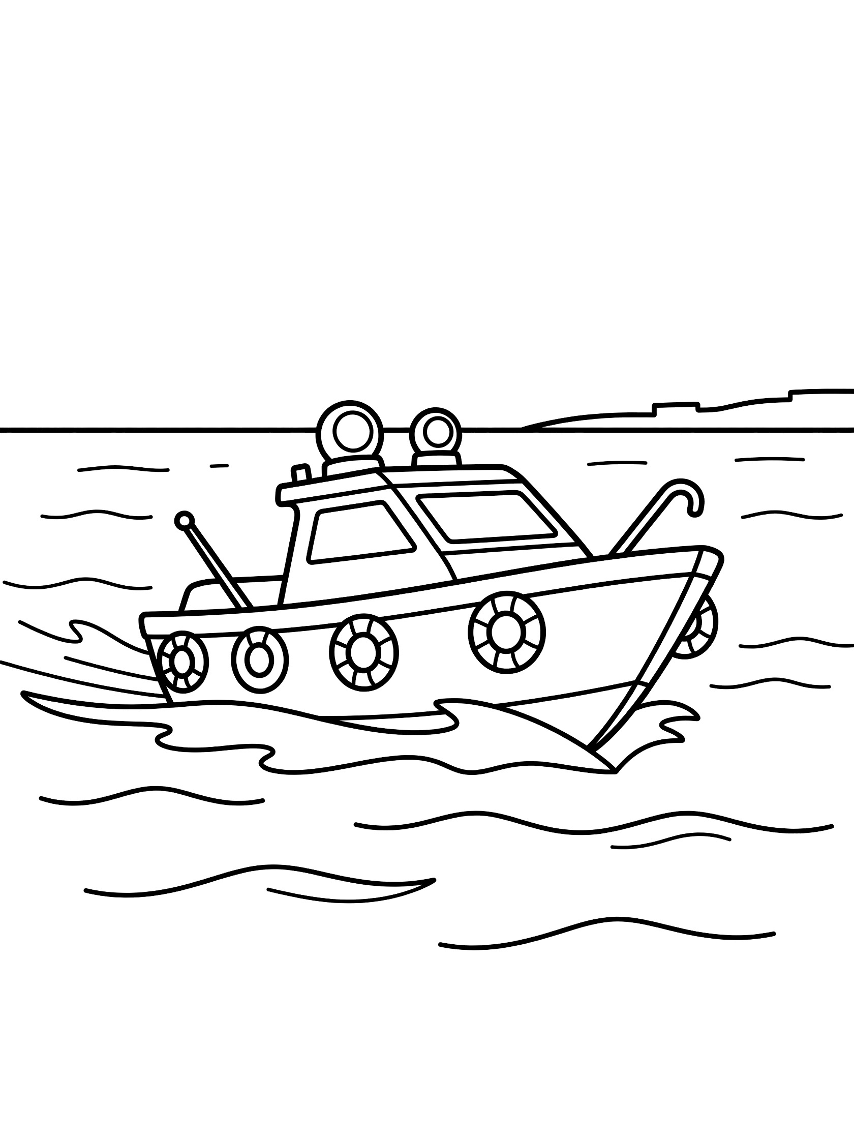 Black-and-white coloring page of a speedy rescue boat with bold outlines, siren lights on top, dangling life rings, front rescue hook, cutting through gentle waves with wake, calm water, flat horizon, and simple shore.