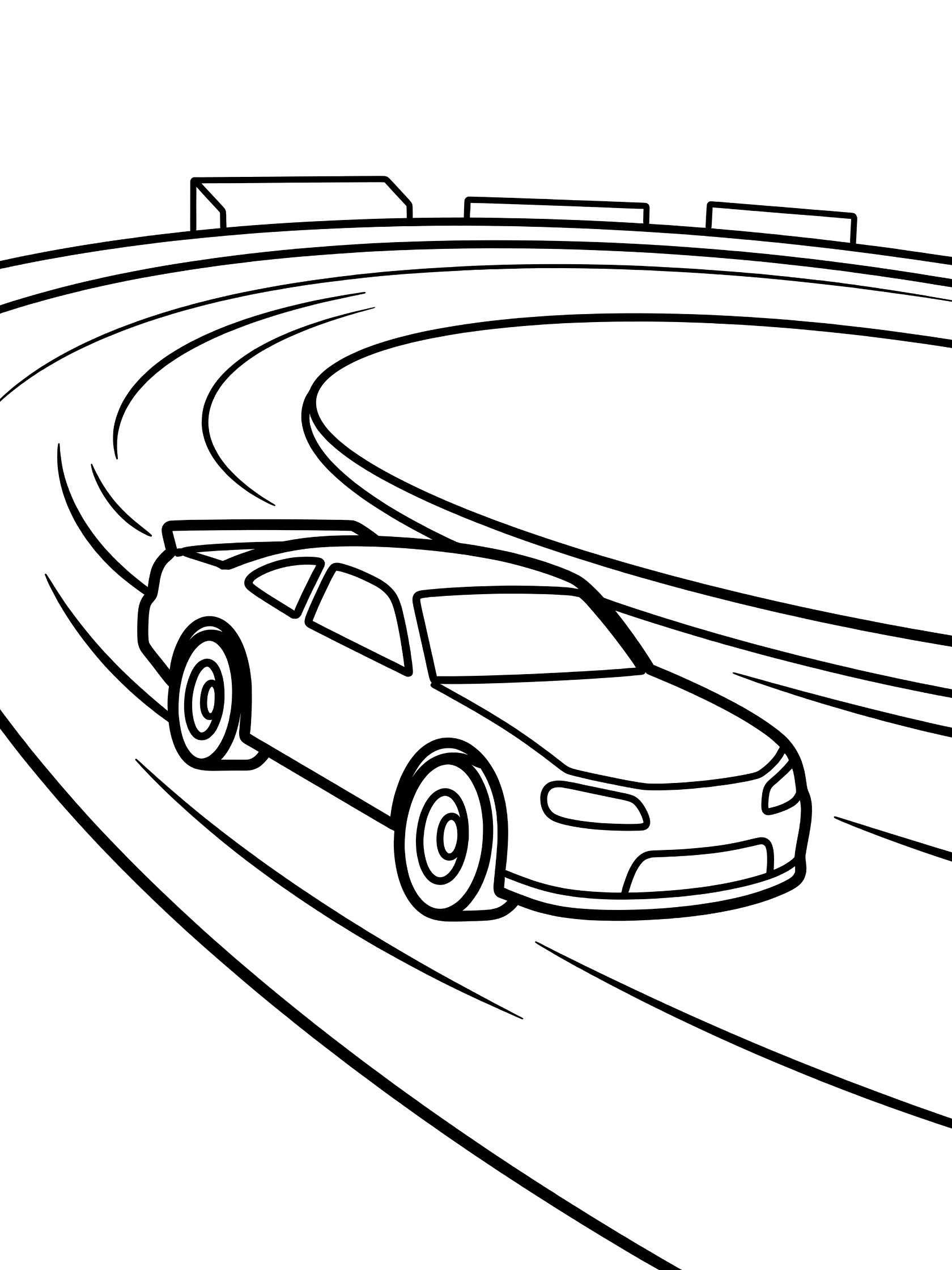 Line art coloring page showing a stock car leaning into a banked turn on an oval race track, with grandstands in the background