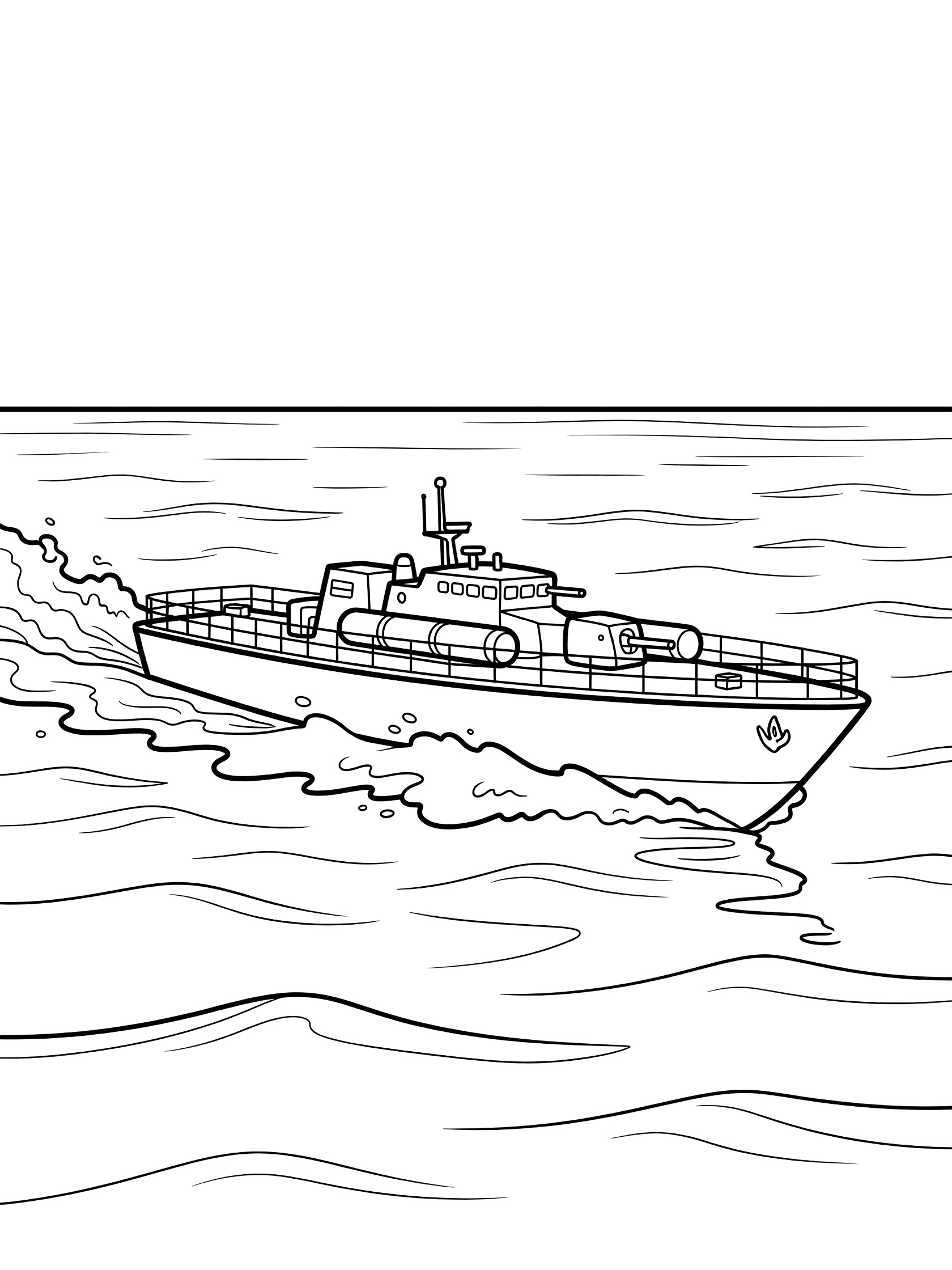 Black and white coloring page of a speedy torpedo boat with torpedo tubes and gun racing on calm seas with waves and wake.