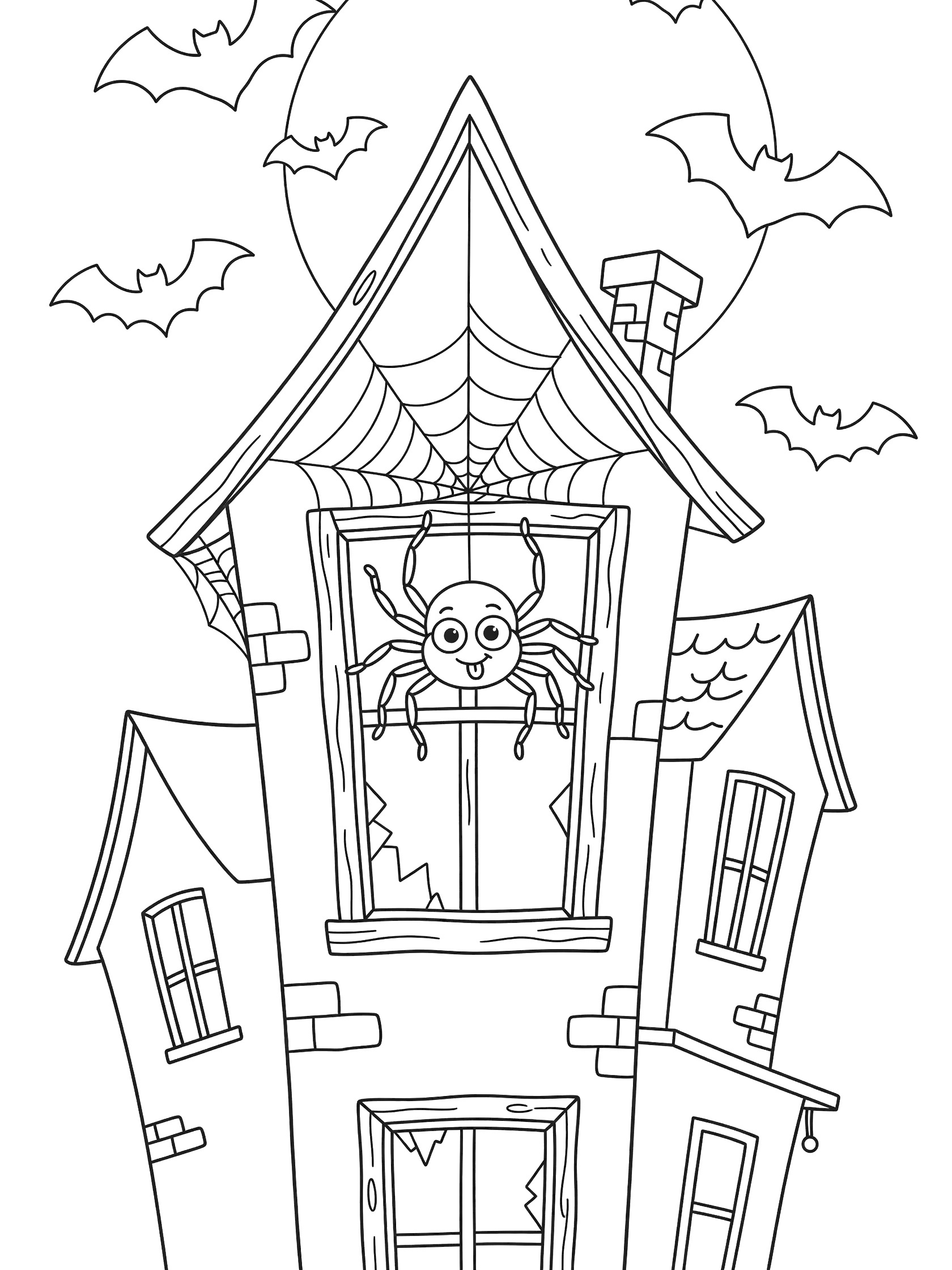 Black and white line art coloring page showing a playful spider hanging from a cobweb in the window of a tall haunted house, with bats flying around a full moon.