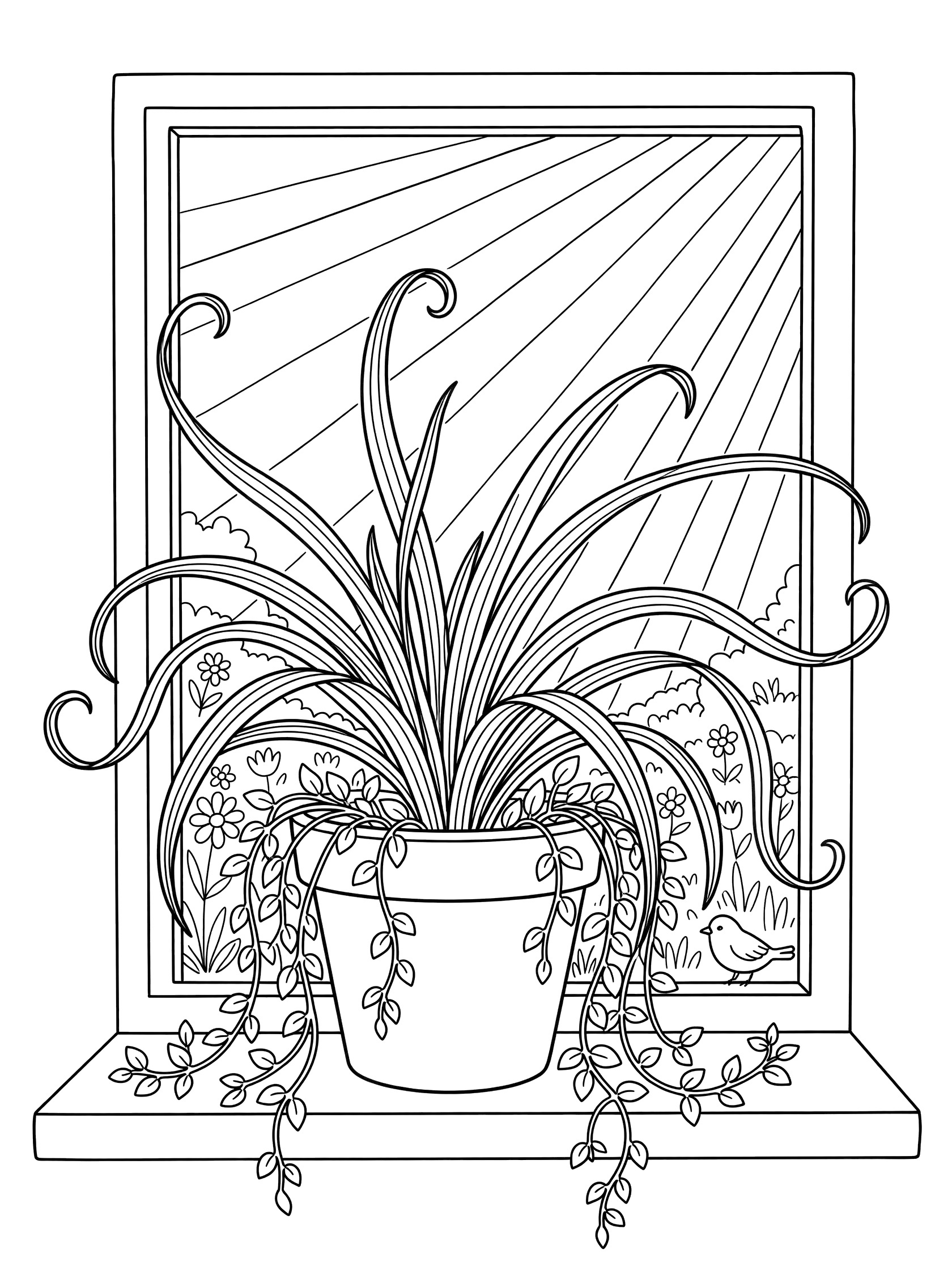 Black and white line art coloring page of a spider plant in a pot on a windowsill with sunlight rays, garden flowers, and a bird