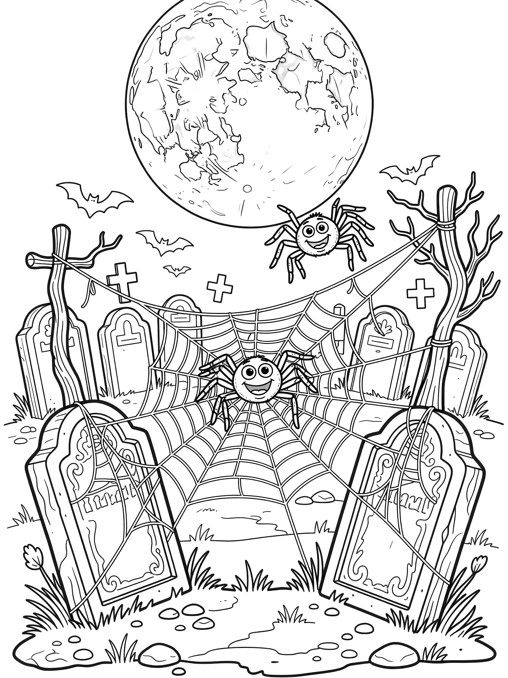 Black and white coloring page showing a smiling spider swinging on a web strung between gravestones in a cemetery with a giant full moon, bats, and bare trees overhead.