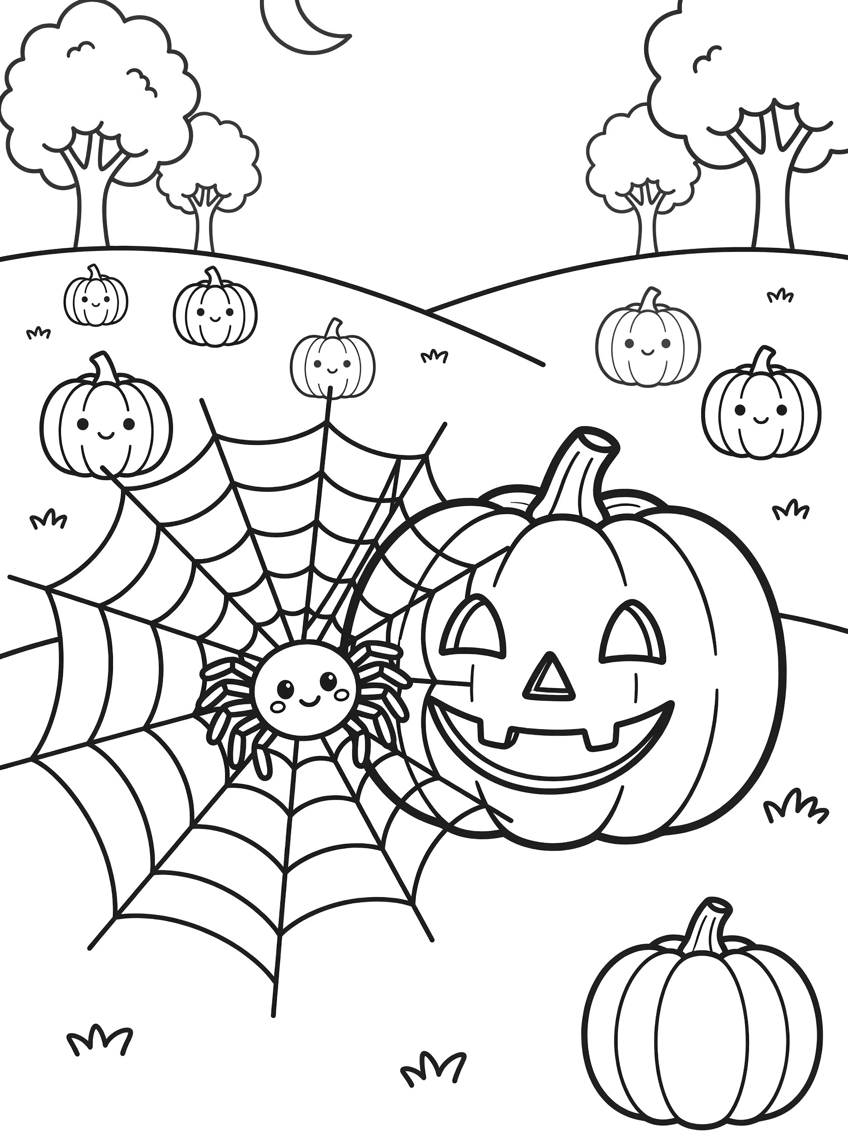 Cute cartoon spider weaving web around smiling jack-o-lantern pumpkin in nighttime pumpkin patch coloring page for Halloween