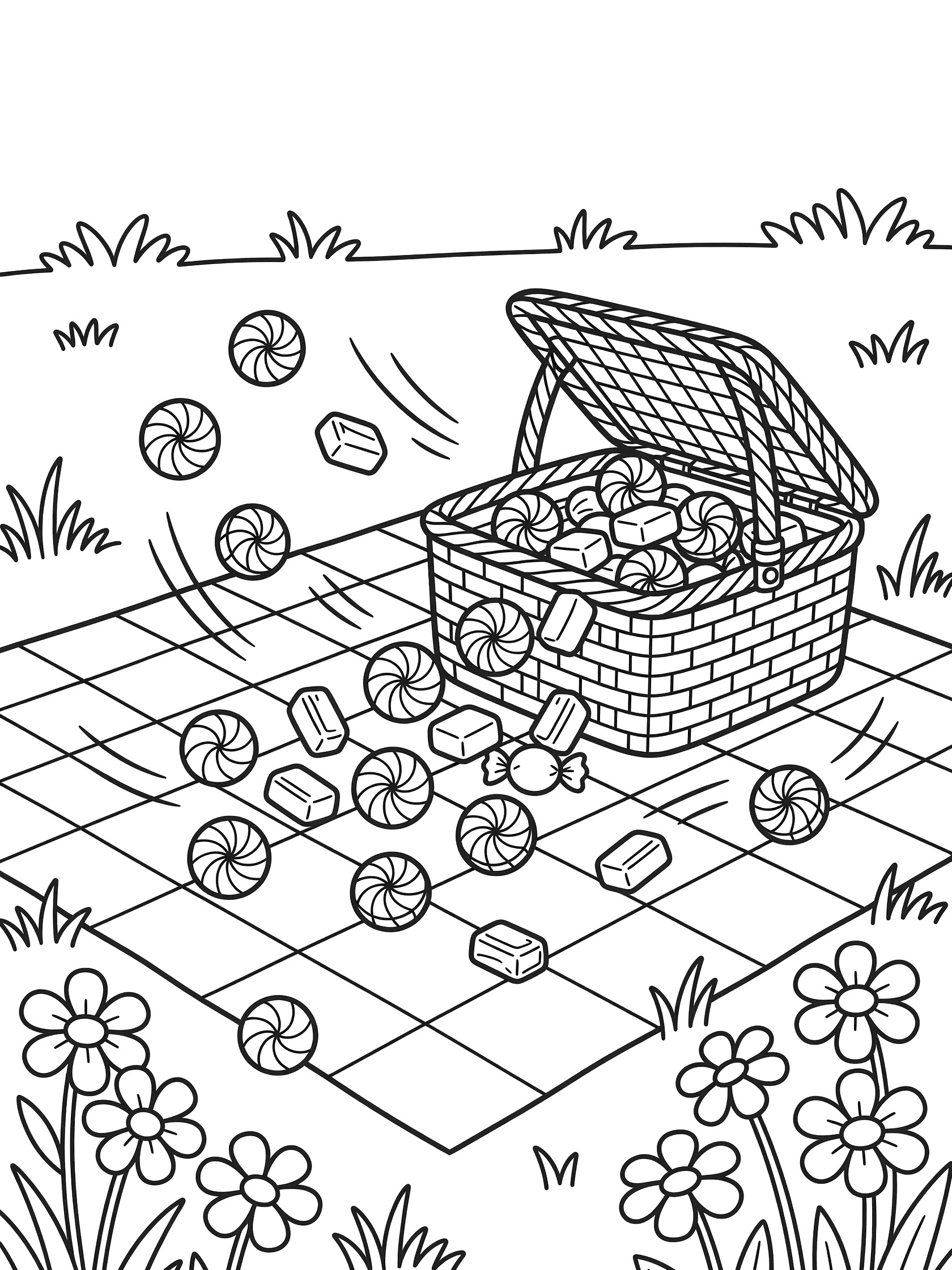 Line art coloring page showing a picnic basket tipping over with round and square candies tumbling onto a checkered picnic blanket surrounded by grass and wildflowers.