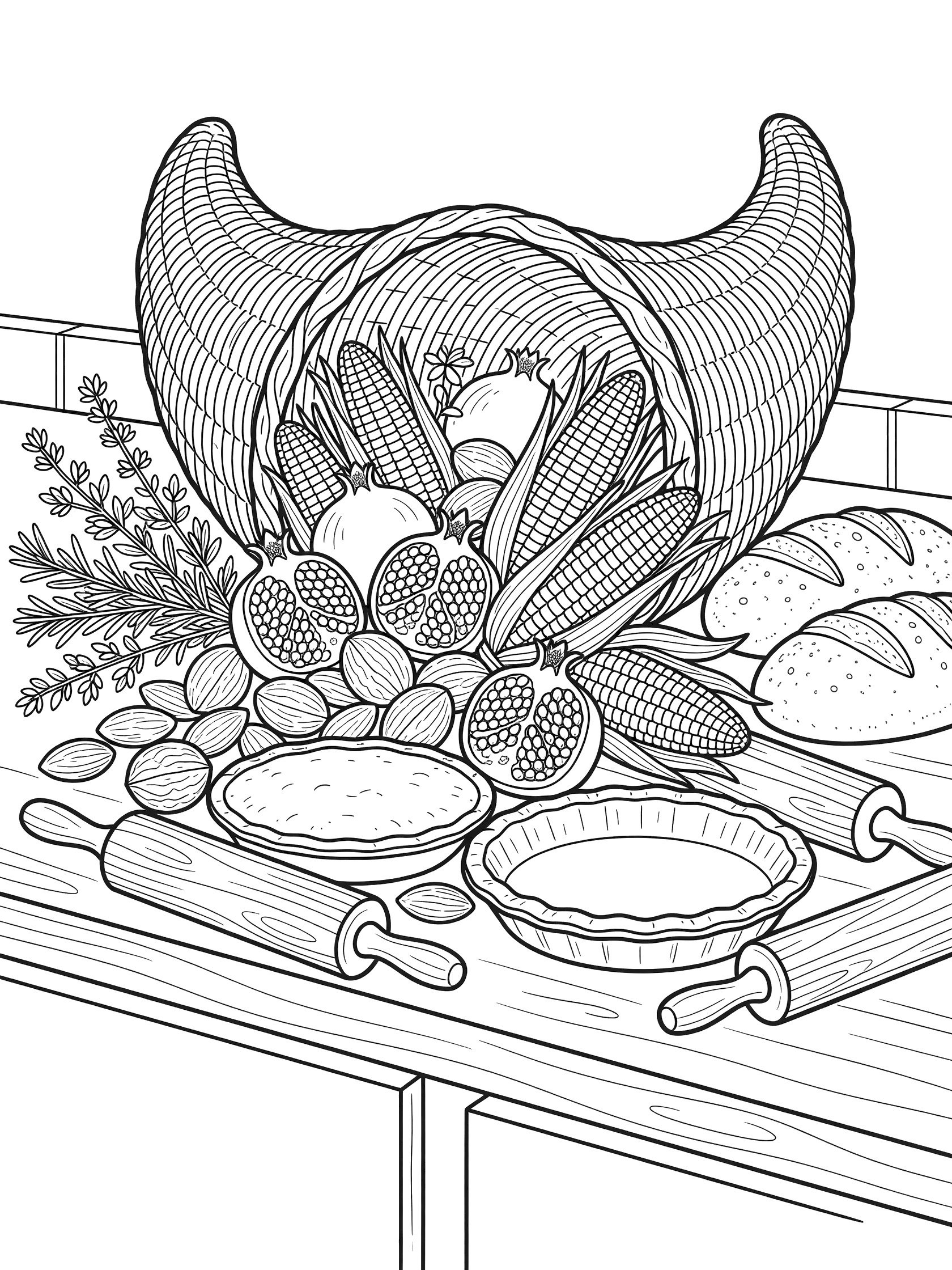 Cornucopia tipping over in a Thanksgiving kitchen, spilling fruits, nuts, and corn next to pies, bread, and rolling pins - line art coloring page