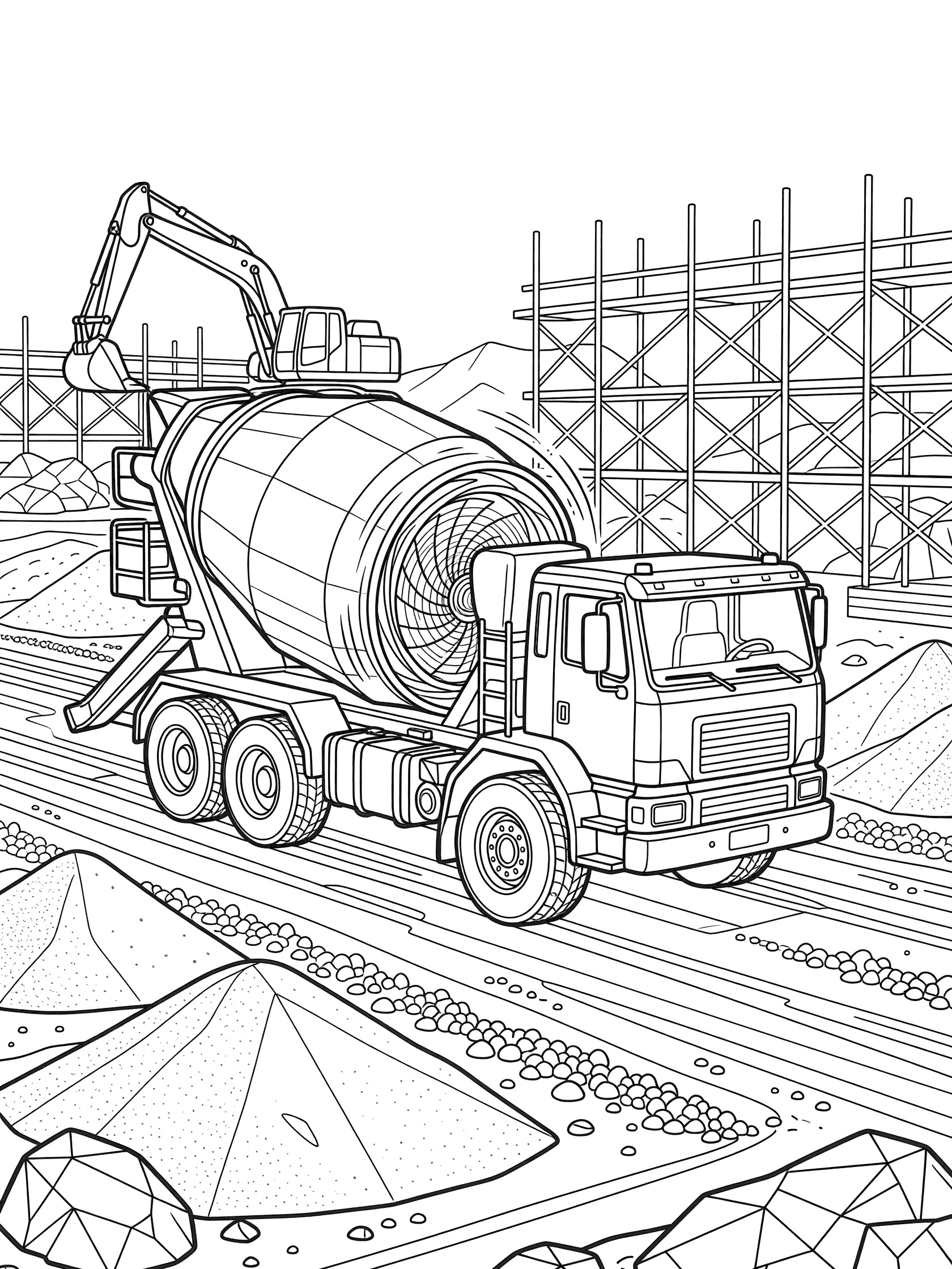 Black and white line art of a cement mixer truck featuring a large spinning drum with internal blades and motion lines, sturdy cab, extended chute, angular wheels on gravel path with sand and rock piles, background excavator and scaffolding.