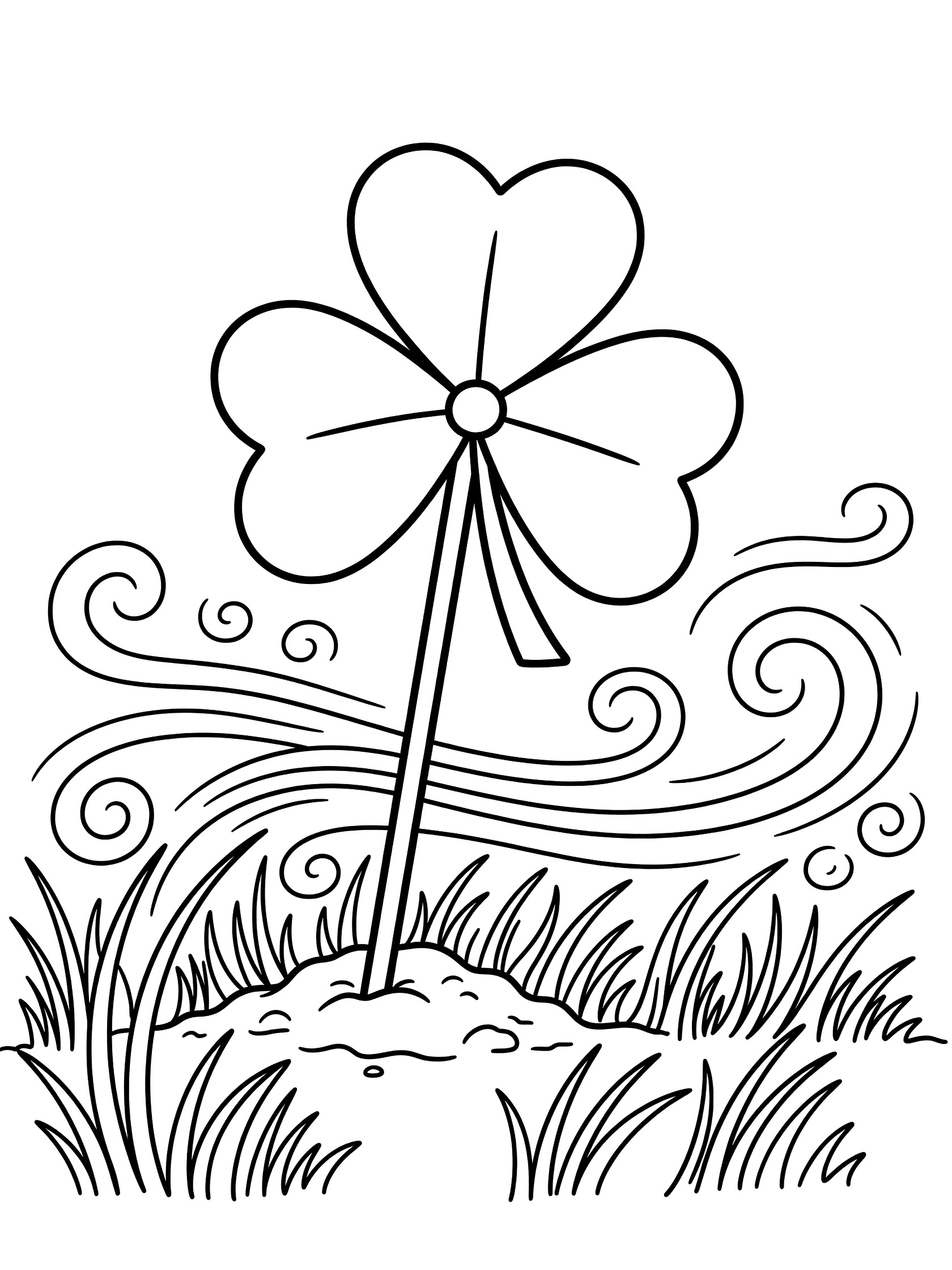 Shamrock shaped pinwheel spinning in the breeze on a stick planted in earth with swirling wind lines and grass, line art coloring page