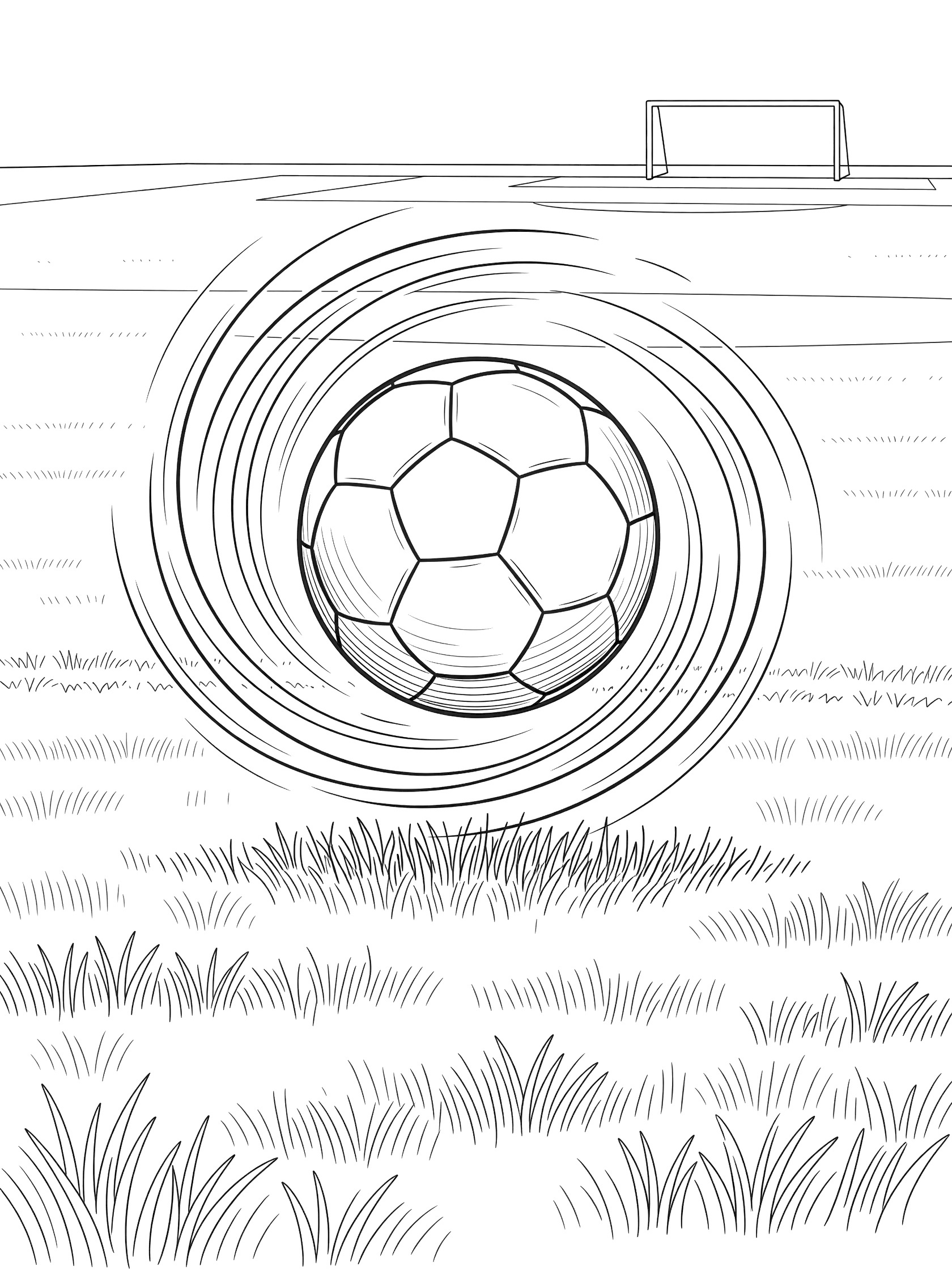 Line art coloring page showing a soccer ball spinning rapidly mid-air after a powerful kick, with twist motion lines, turf grass below, and goal net in background