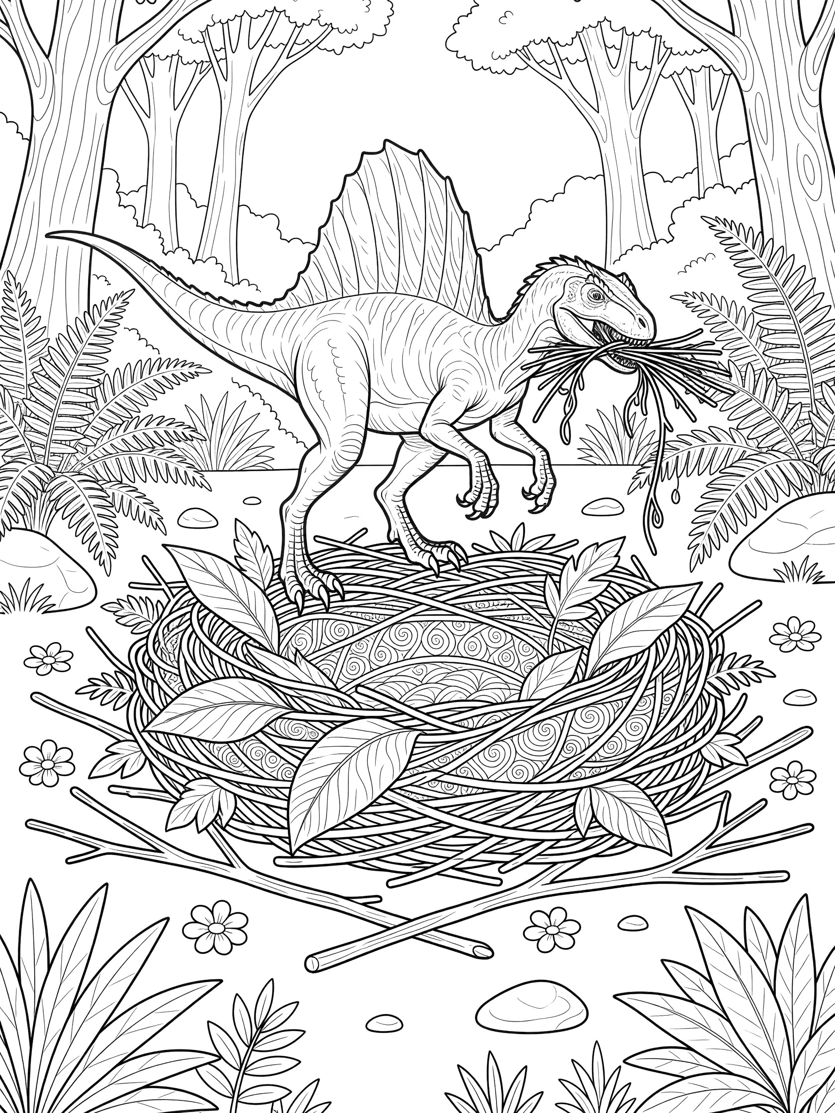 Black and white line art of a Spinoraptor with a tall sail fin on its back, holding twigs in its mouth to build a woven nest surrounded by ferns, sticks, flowers, and stones in a forest clearing.