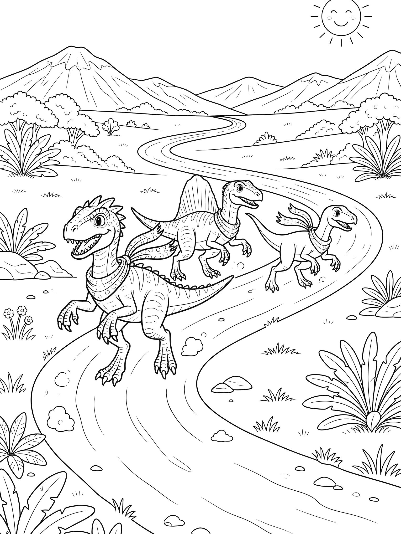 Cute cartoon Spinoraptor racing with smiling dinosaur friends on a curvy track through mountains and plants under a happy sun, line art coloring page