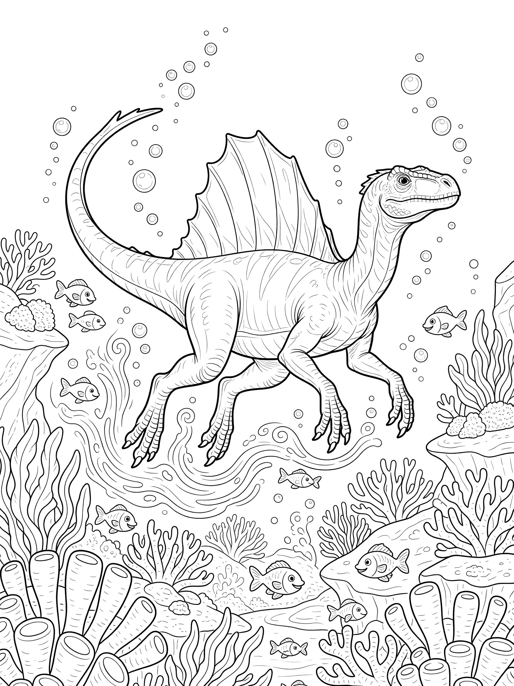 Black-and-white coloring page of a Spinoraptor dinosaur swimming dynamically in underwater scene with sail fin, bubbles, coral reefs, seaweed, fish, and rocks.
