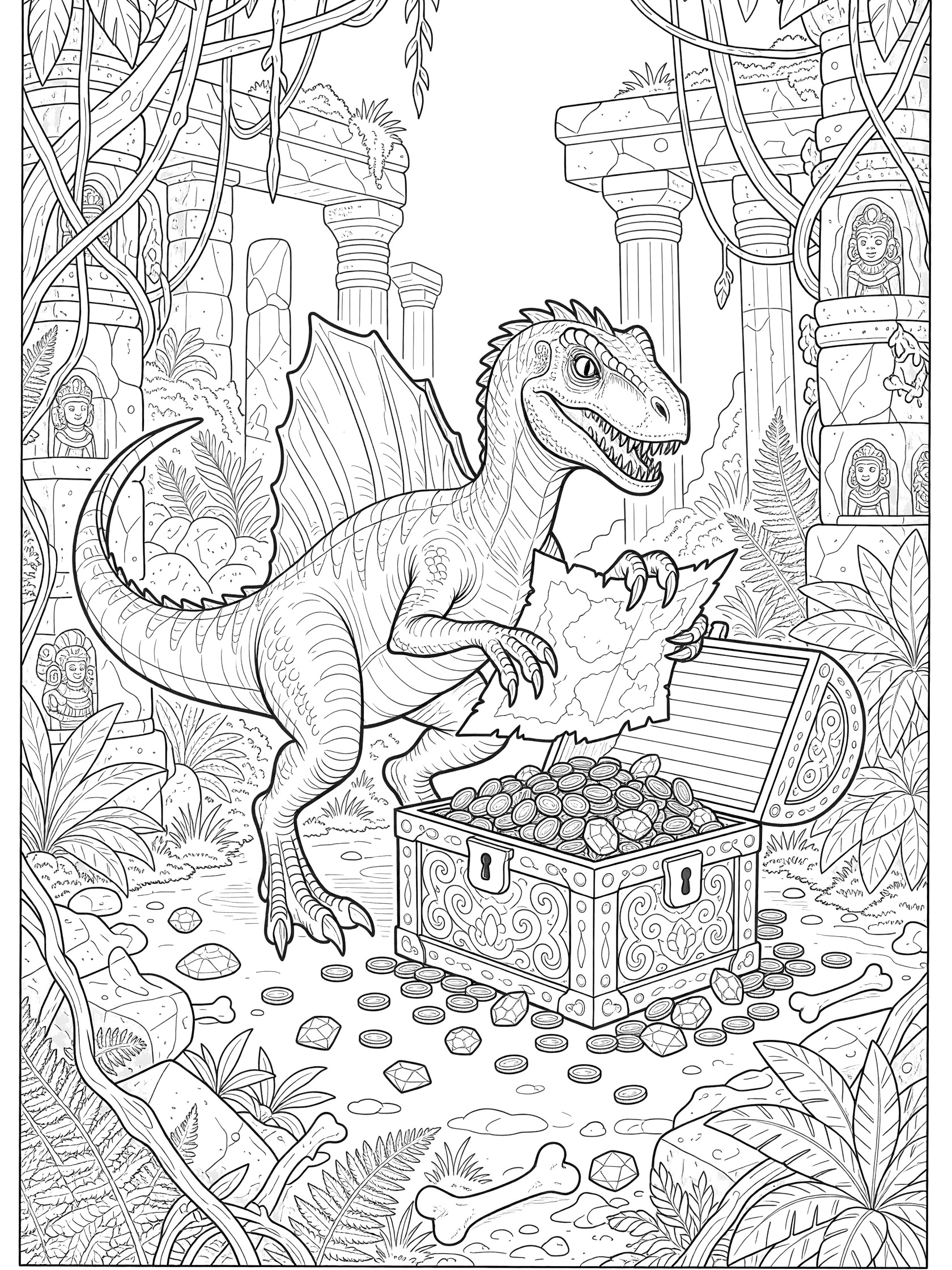 Black and white line art of a Spinoraptor dinosaur with tall sail back, claws on a treasure chest with jewels and coins, holding a map in its mouth, in ancient jungle ruins with vines and bones.