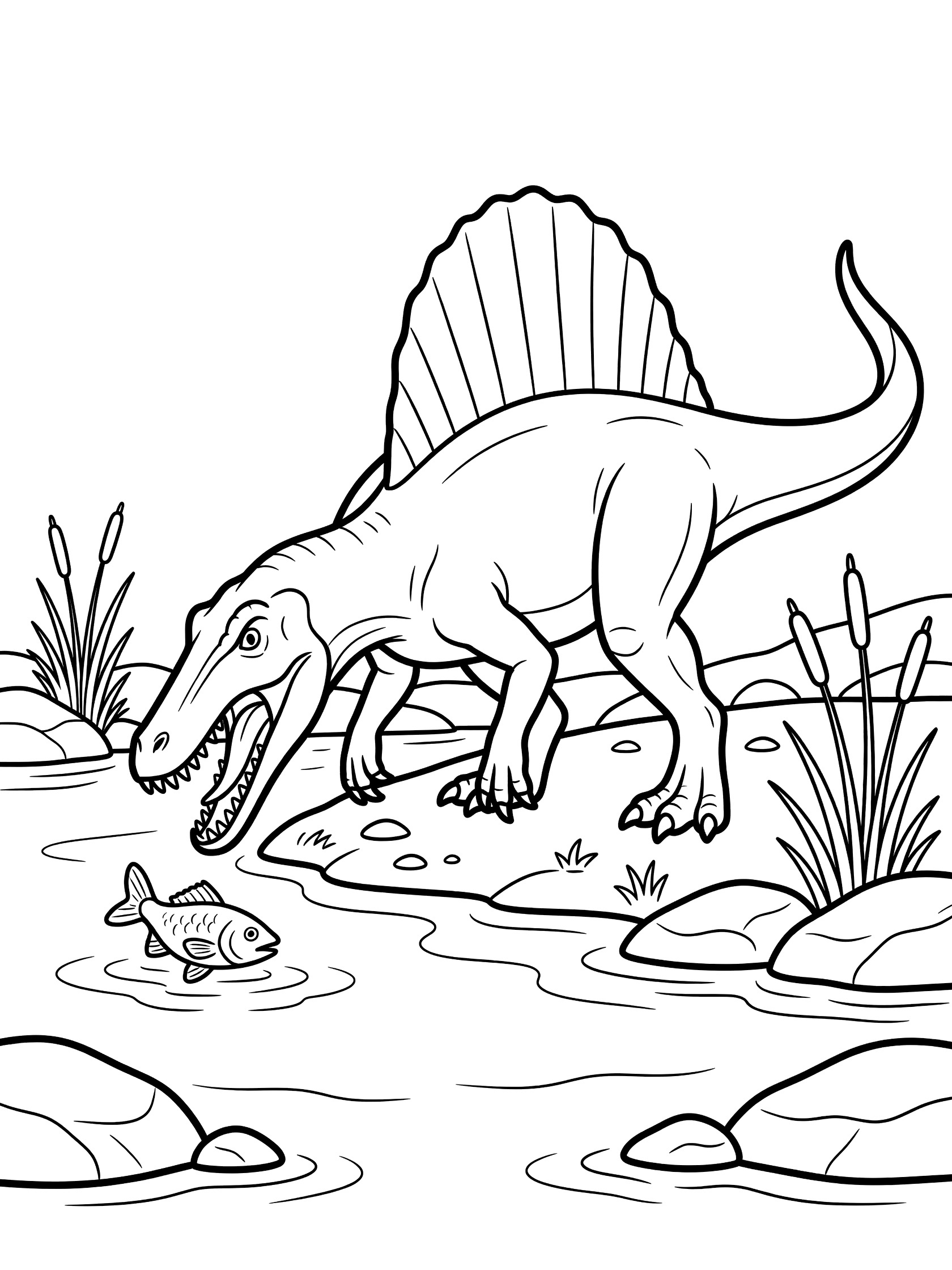 Black and white line art coloring page showing a Spinosaurus with a large sail on its back standing by a river, mouth open catching a fish, surrounded by reeds and rocks.