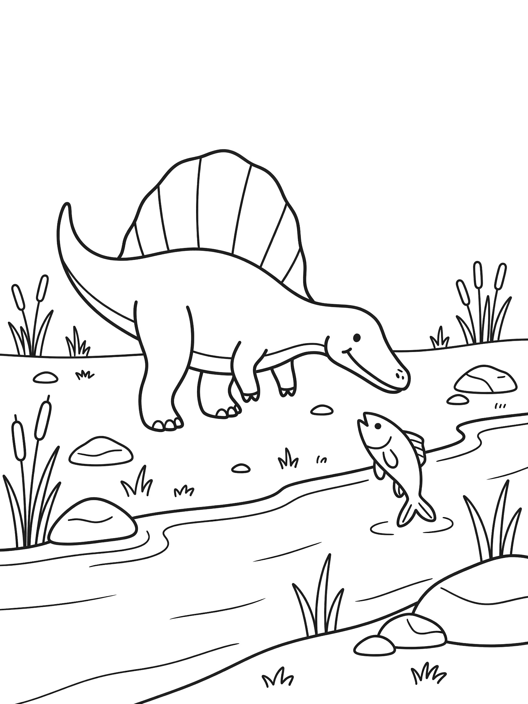 Cute cartoon Spinosaurus dinosaur standing by a river, long snout snapping at a fish jumping from the water, large sail on back, reeds and rocks around, black and white coloring page. Suchomimus themed black and white printable line art