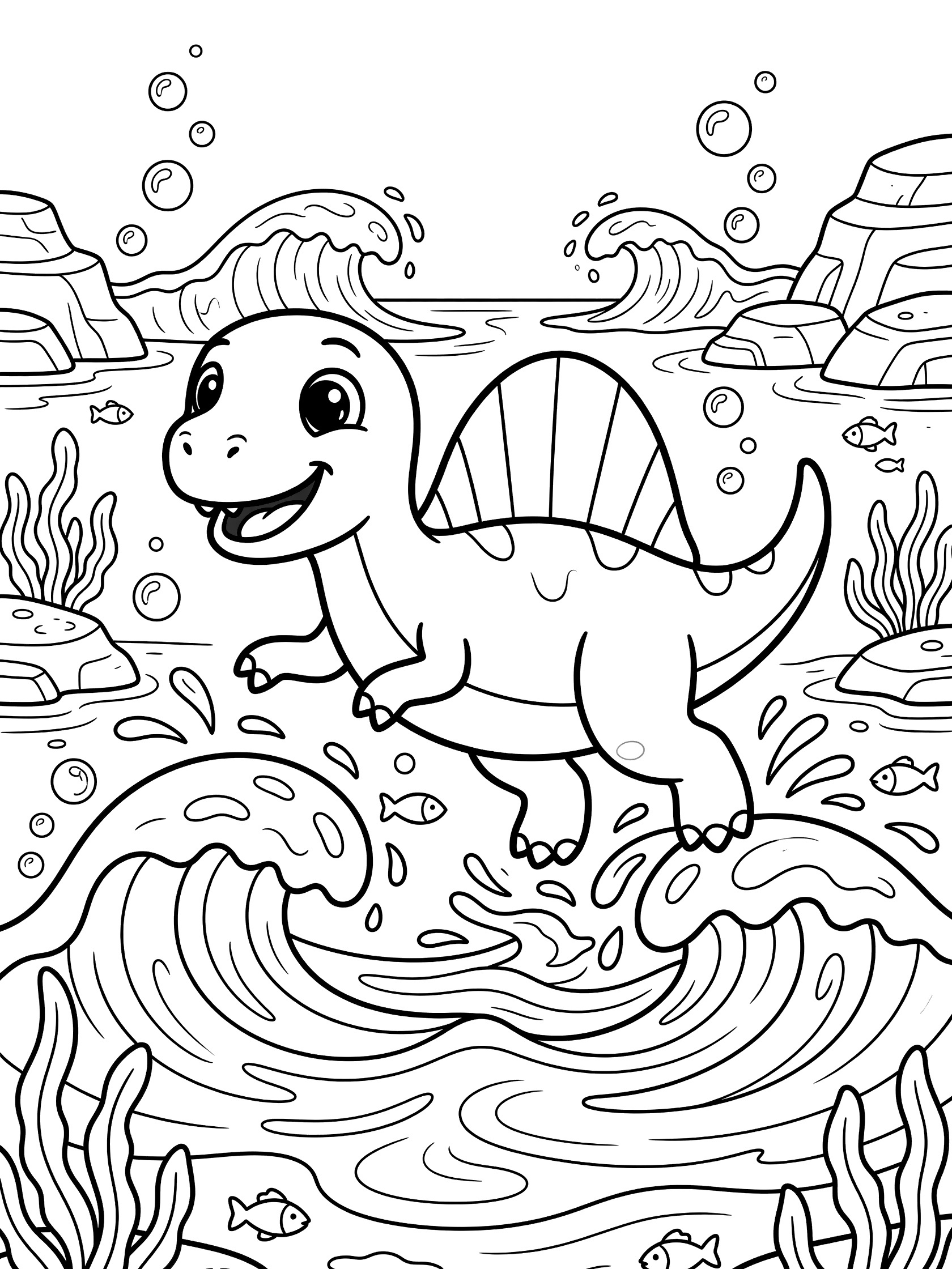 Black-and-white line art of a friendly Spinosaurus dinosaur playfully chasing waves, surrounded by bubbles, small fish, seaweed, and rocks in shallow water.
