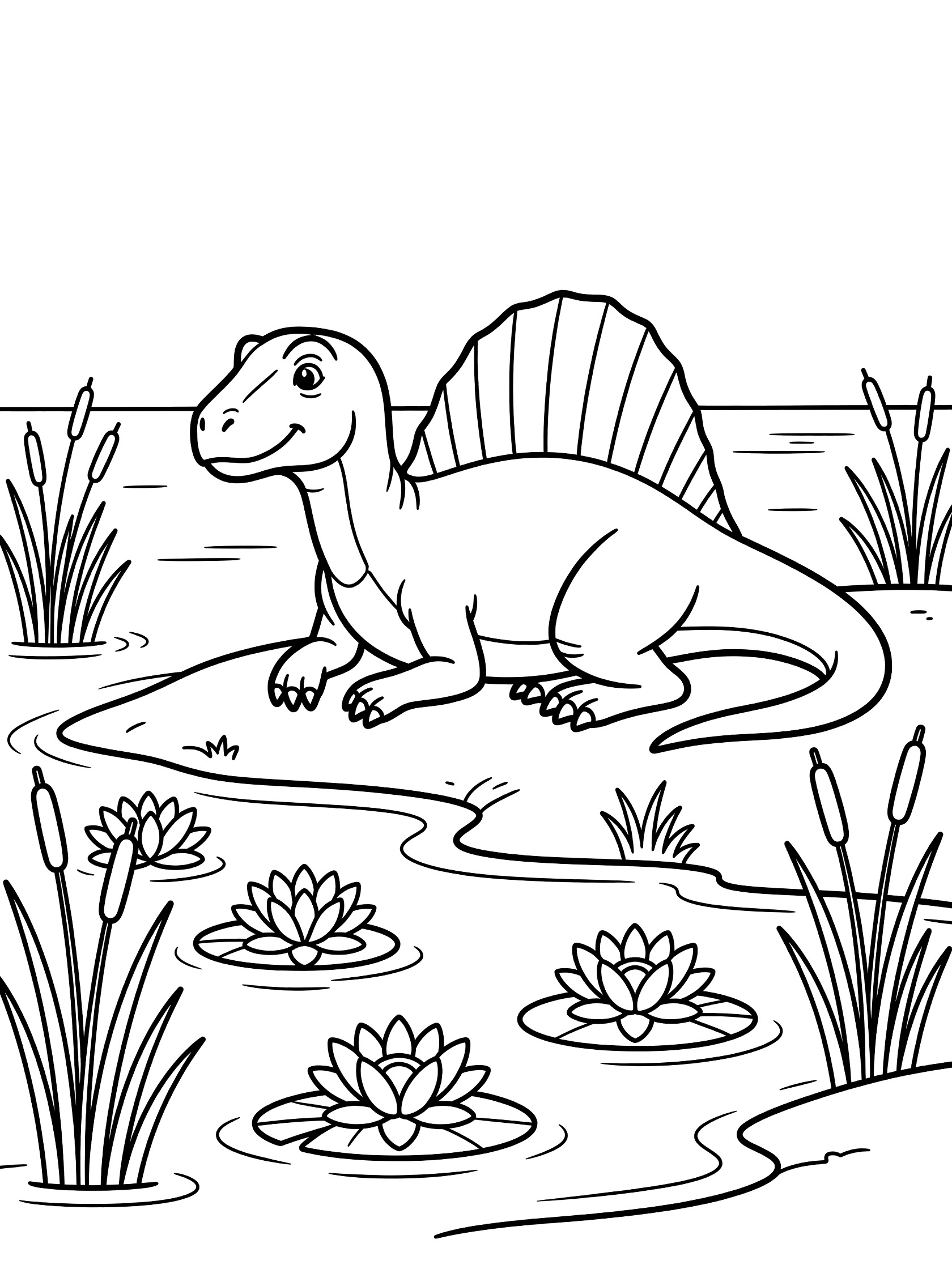 Black and white line art of a Spinosaurus dinosaur sitting by a pond with water lilies, reeds, and gentle water waves.