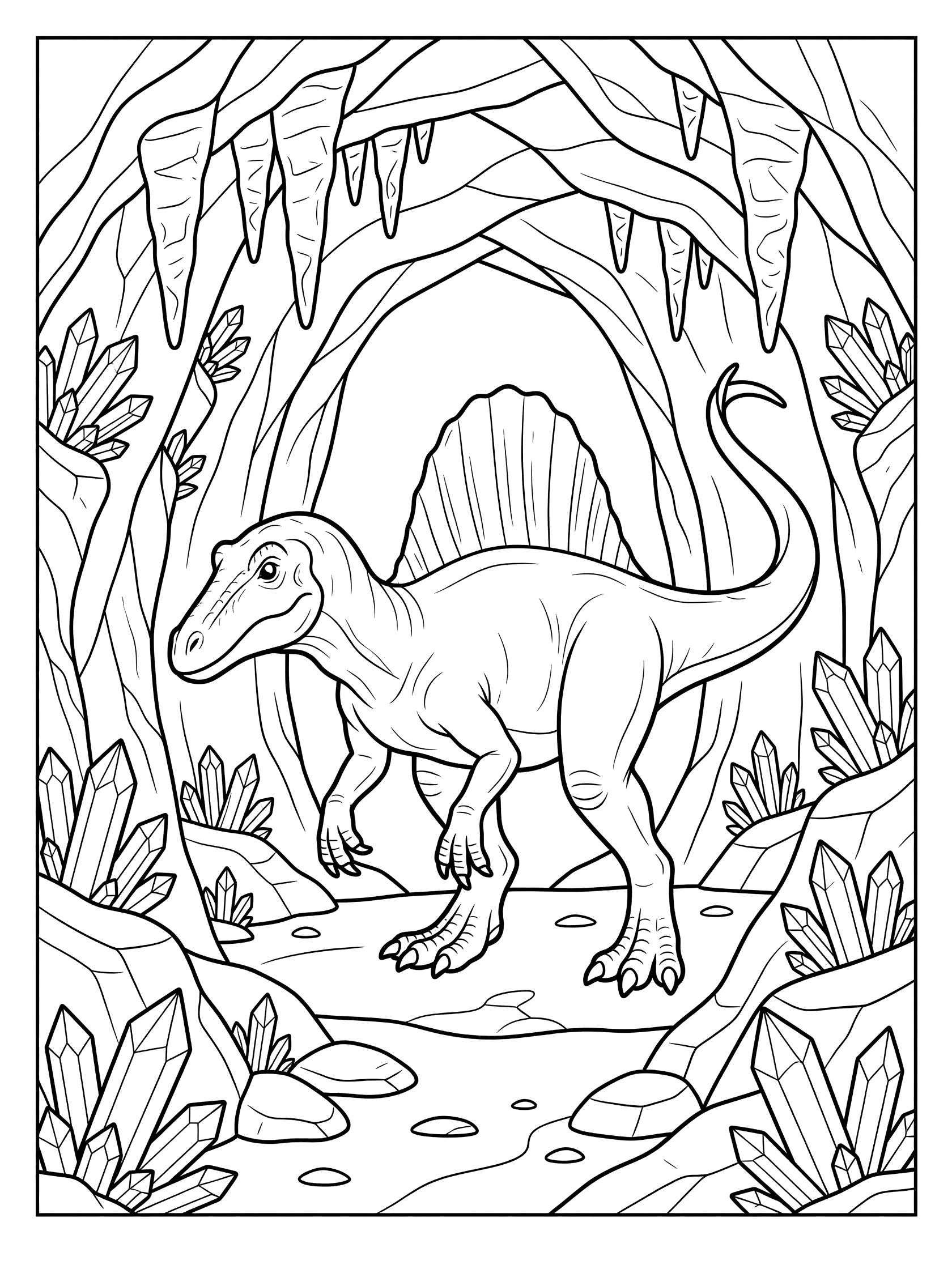 Black-and-white coloring page of a Spinosaurus dinosaur with large sail back entering a cave, sniffing with long snout, clawed feet on rocks, tail curled, crystals on walls and stalactites above.
