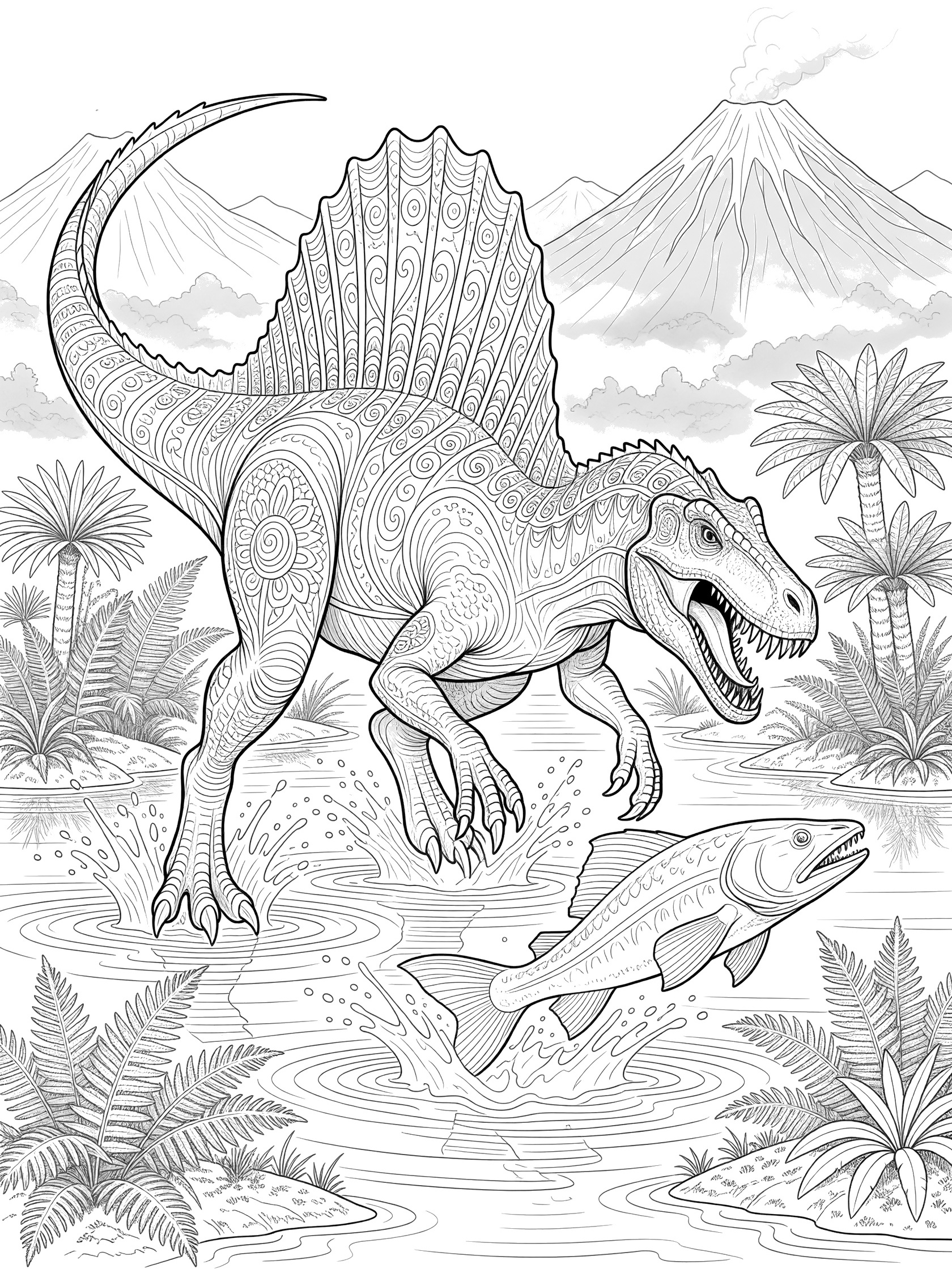 Black and white line art of Spinosaurus dinosaur lunging at a fish in shallow water with ferns, palms, and misty volcanoes in the background.