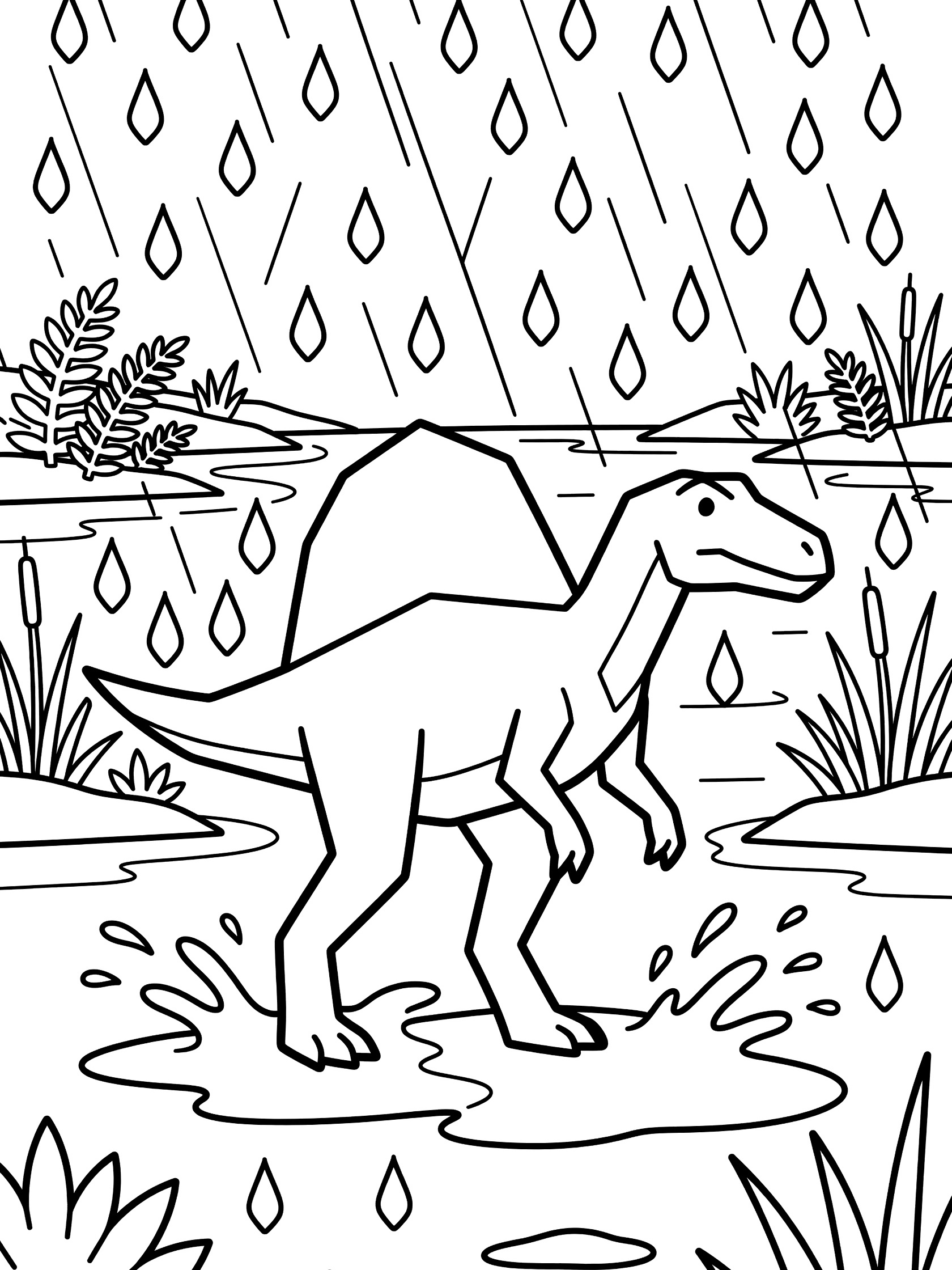 Black and white coloring page of Spinosaurus dinosaur with sail back striding through raindrops and puddles on a riverside with ferns and reeds.