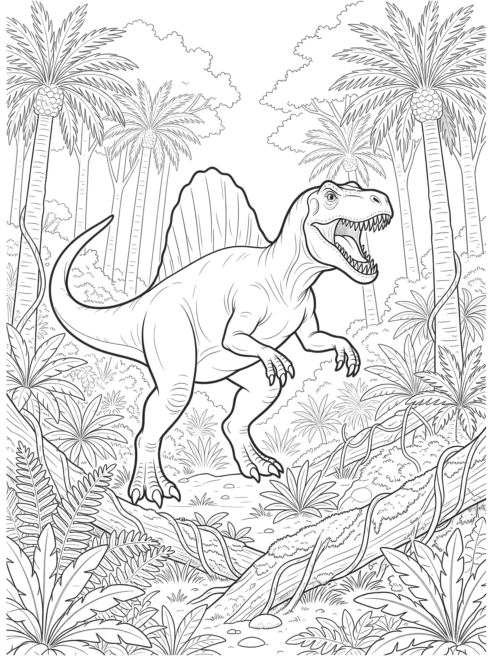 Black-and-white coloring page of a Spinosaurus with sail back striding through a dense forest of ferns and tall trees, jaws open in a roar.