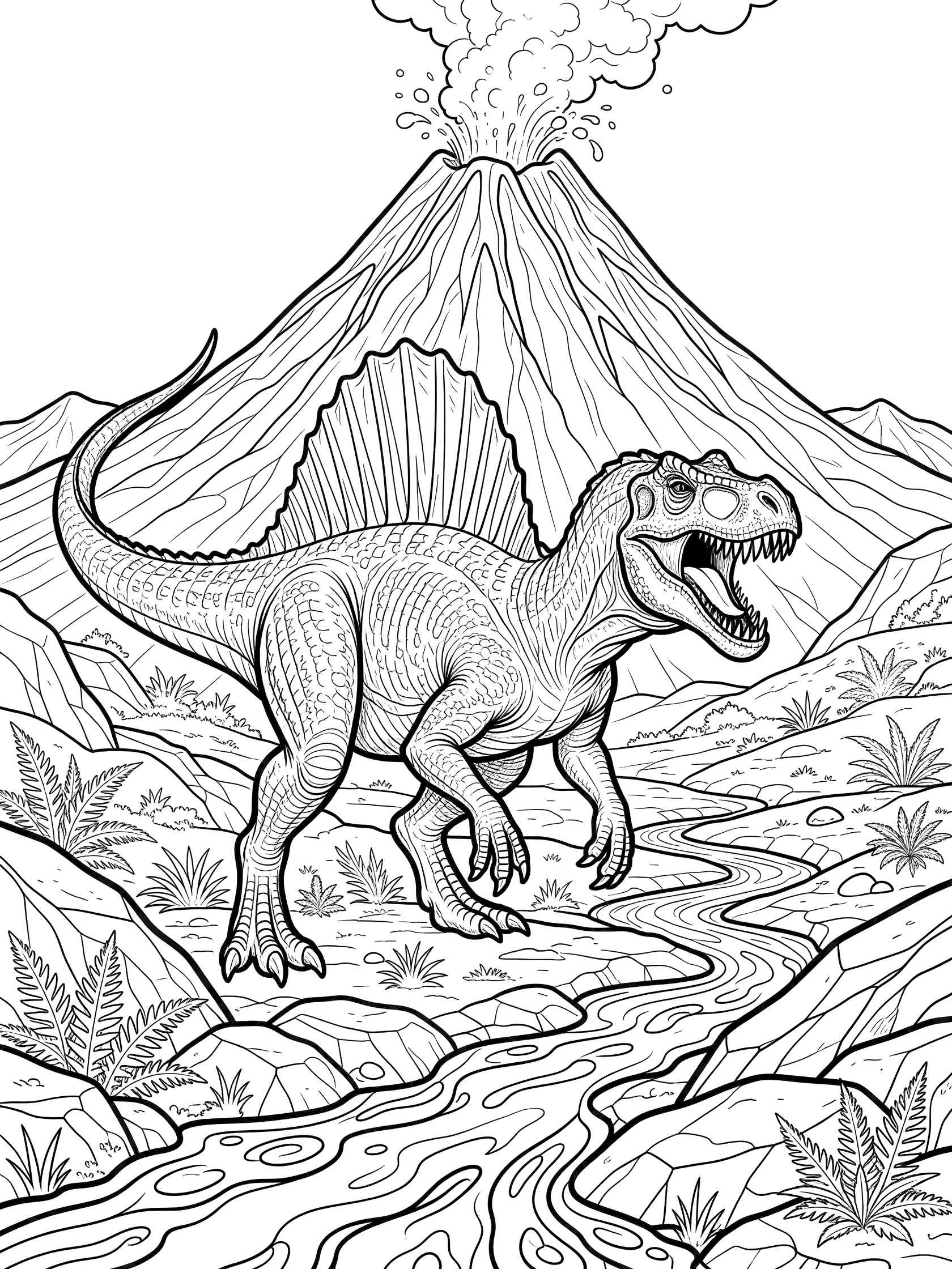 Black and white coloring page of a Spinosaurus dinosaur with tall sail, open mouth roar, standing near erupting volcano with lava, rocks, ferns, and smoke on white background.