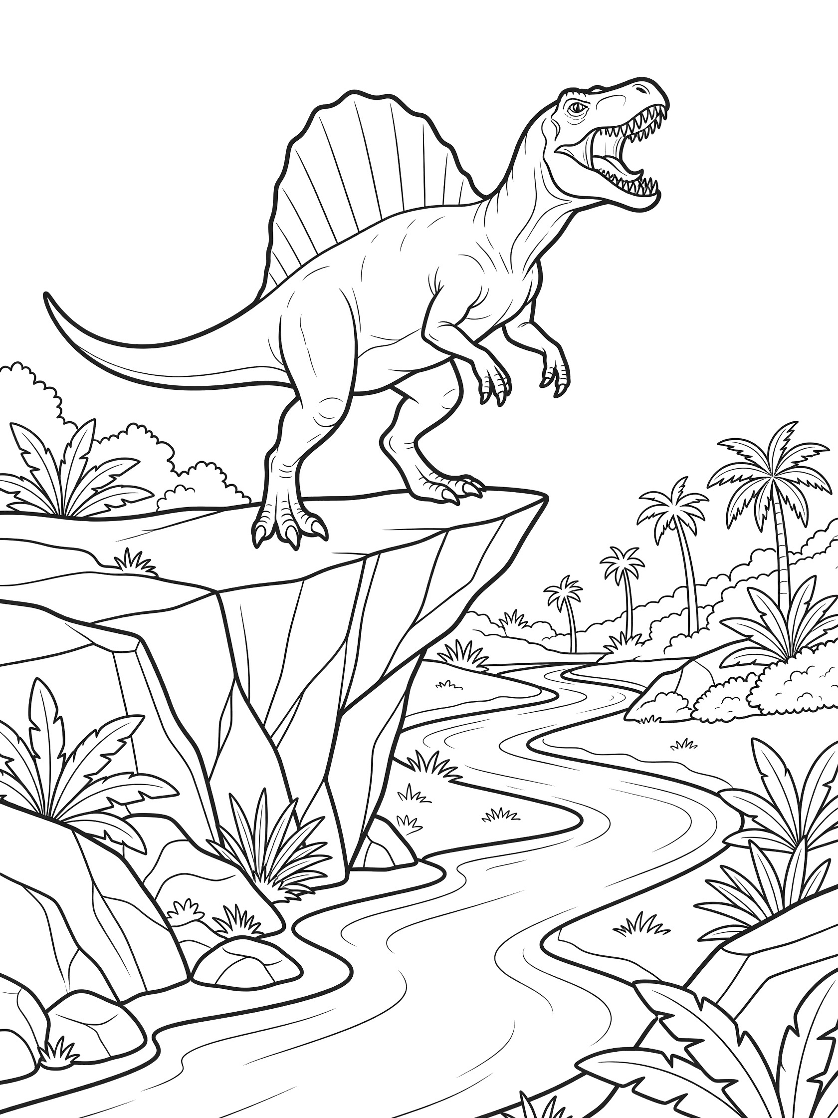 Black and white coloring page of Spinosaurus dinosaur on a rugged cliff edge roaring with sail fin, prehistoric river and plants in background