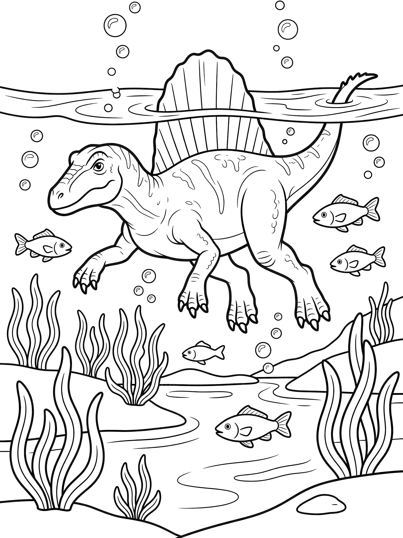 Black and white line art of a Spinosaurus dinosaur swimming playfully in shallow water, sail fin above surface, surrounded by fish, seaweed, and bubbles.