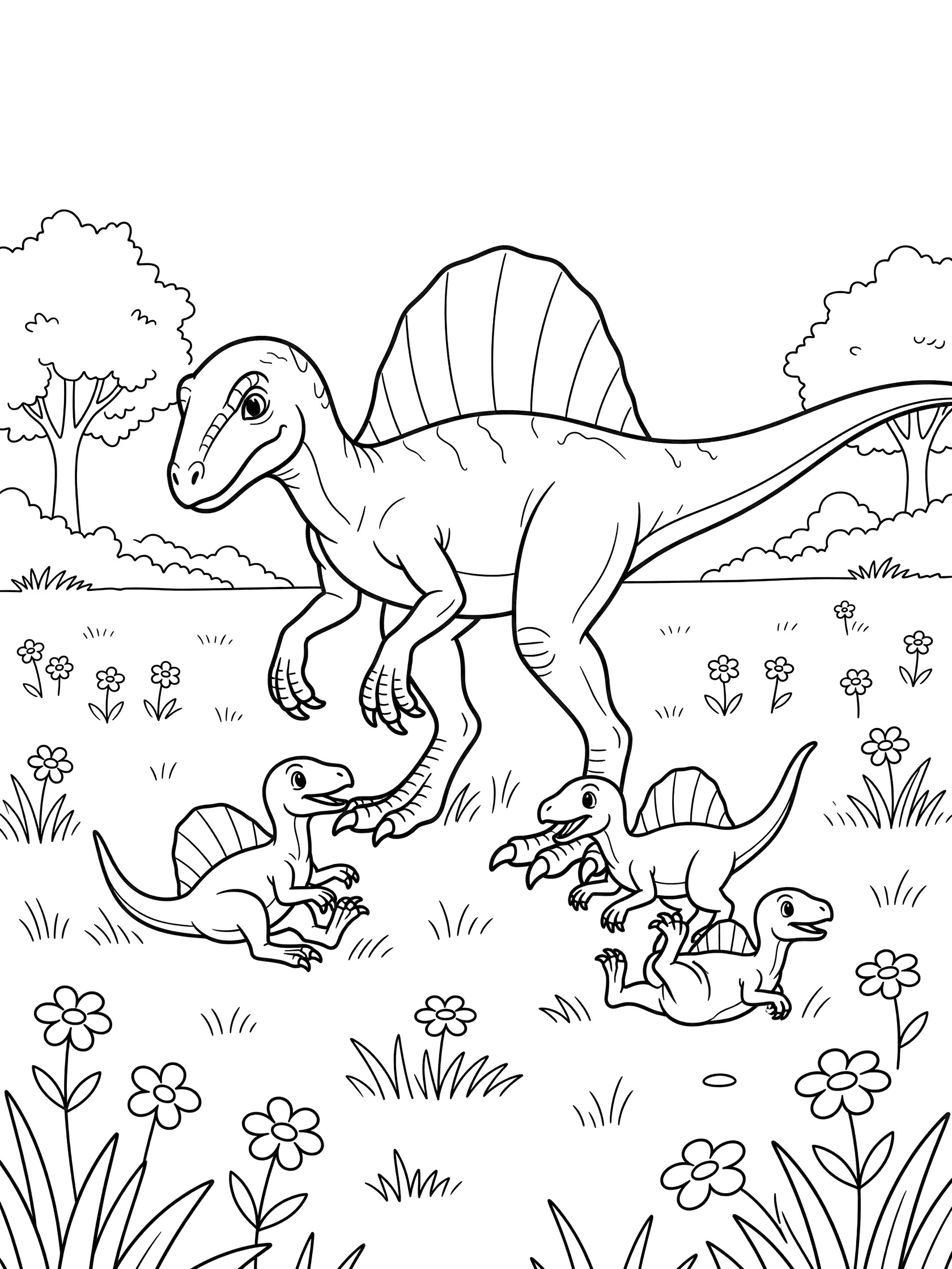 Black and white line art of a large Spinosaurus with sail back protecting three small baby Spinosaurus dinosaurs playing at its feet in a meadow with grass, flowers, and trees. Spinoraptor themed black and white printable line art