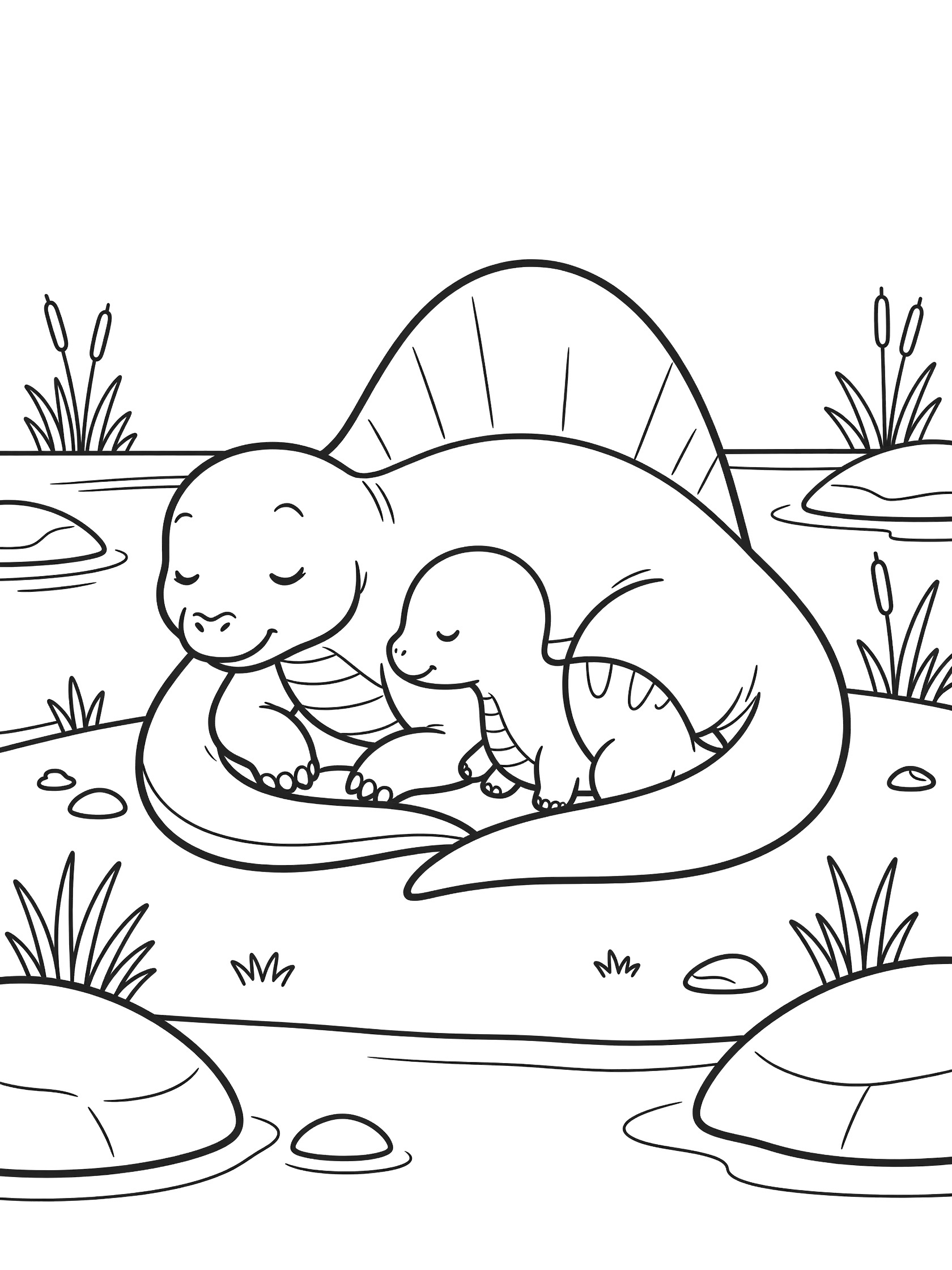 Black and white line art of a Spinosaurus dinosaur resting with a small baby dinosaur nestled against it, surrounded by reeds, rocks, and shallow water.