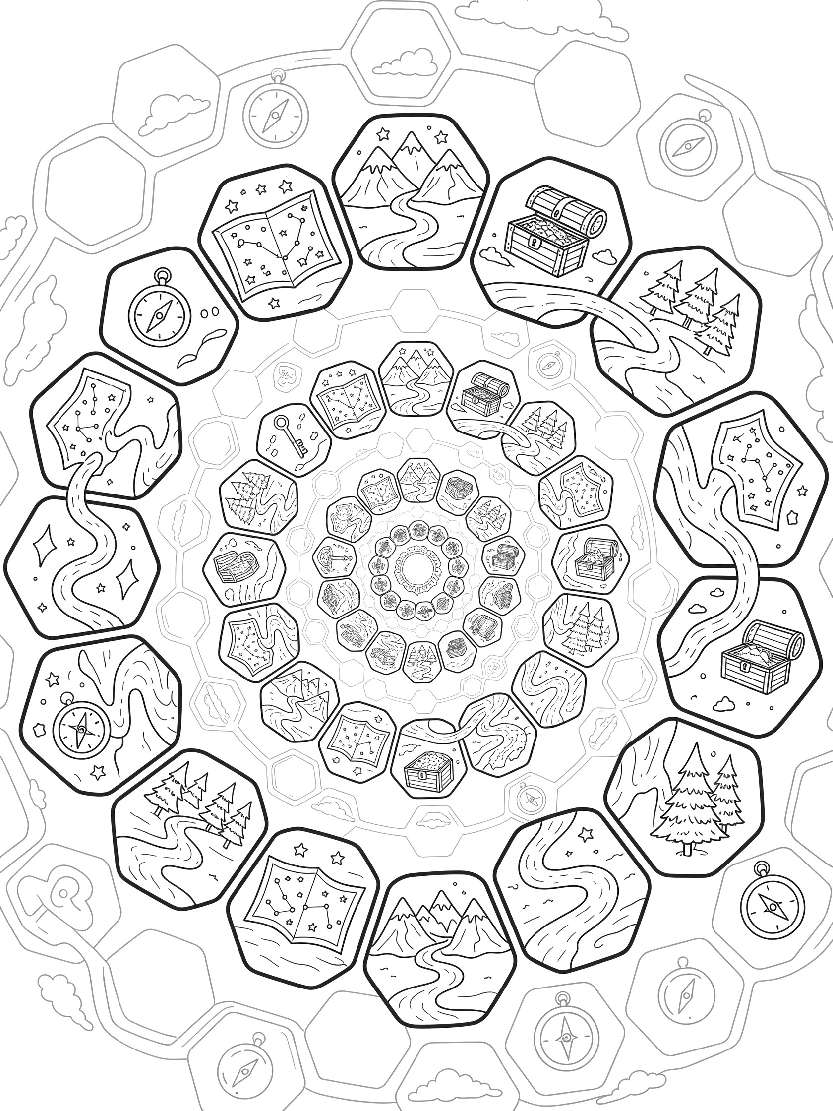Black and white line art coloring page with central spiral of interlocking hexagons containing compasses, starry maps, mountain peaks, winding paths, trees, and treasure chests.