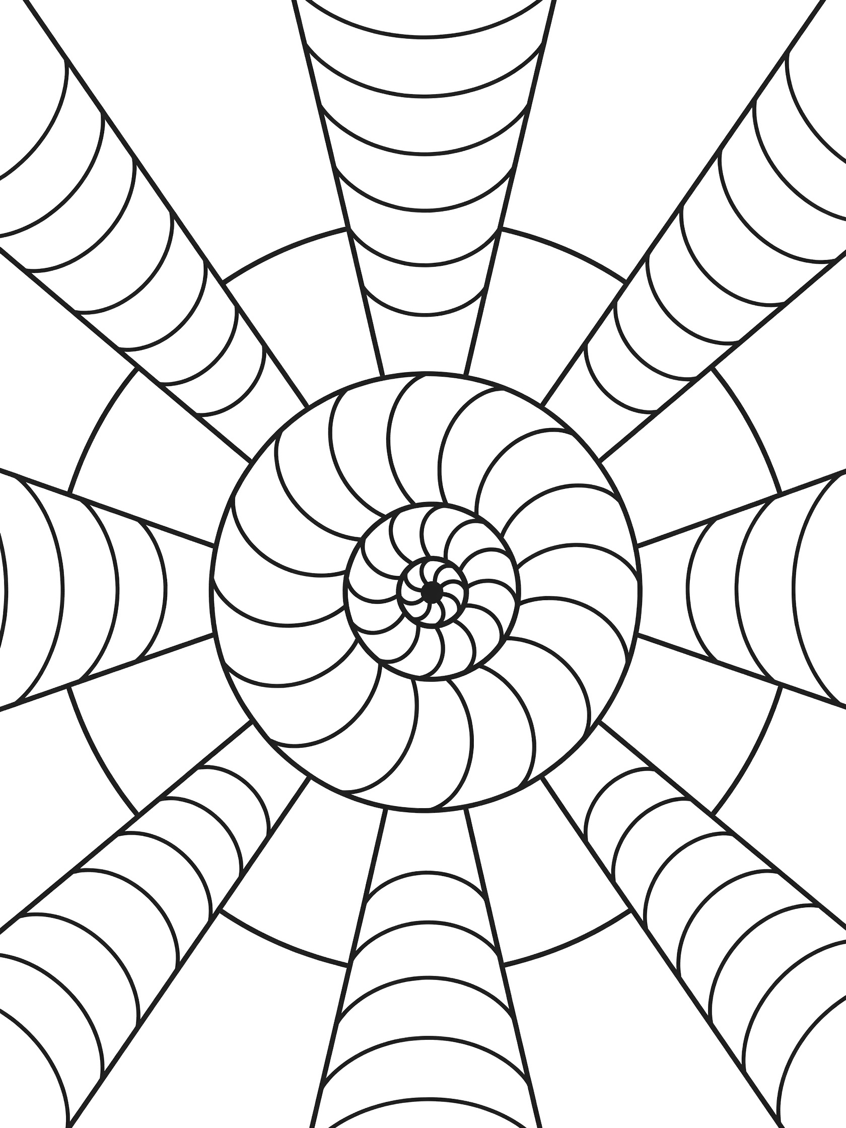 Black and white line art of a symmetrical nautilus-style seashell mandala with central spiral chambers and radiating geometric arms.