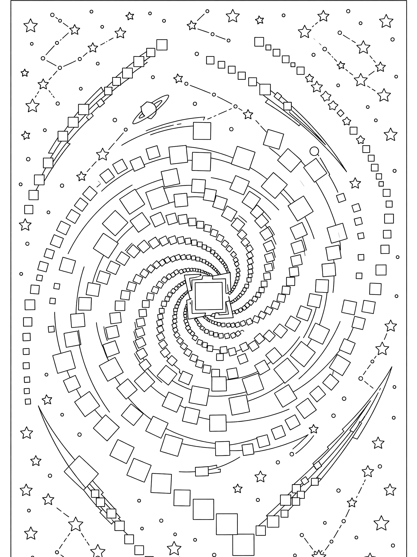 Black and white line art coloring page showing a spiral of interlocking squares in space with stars, orbiting square planets, and comet trails.