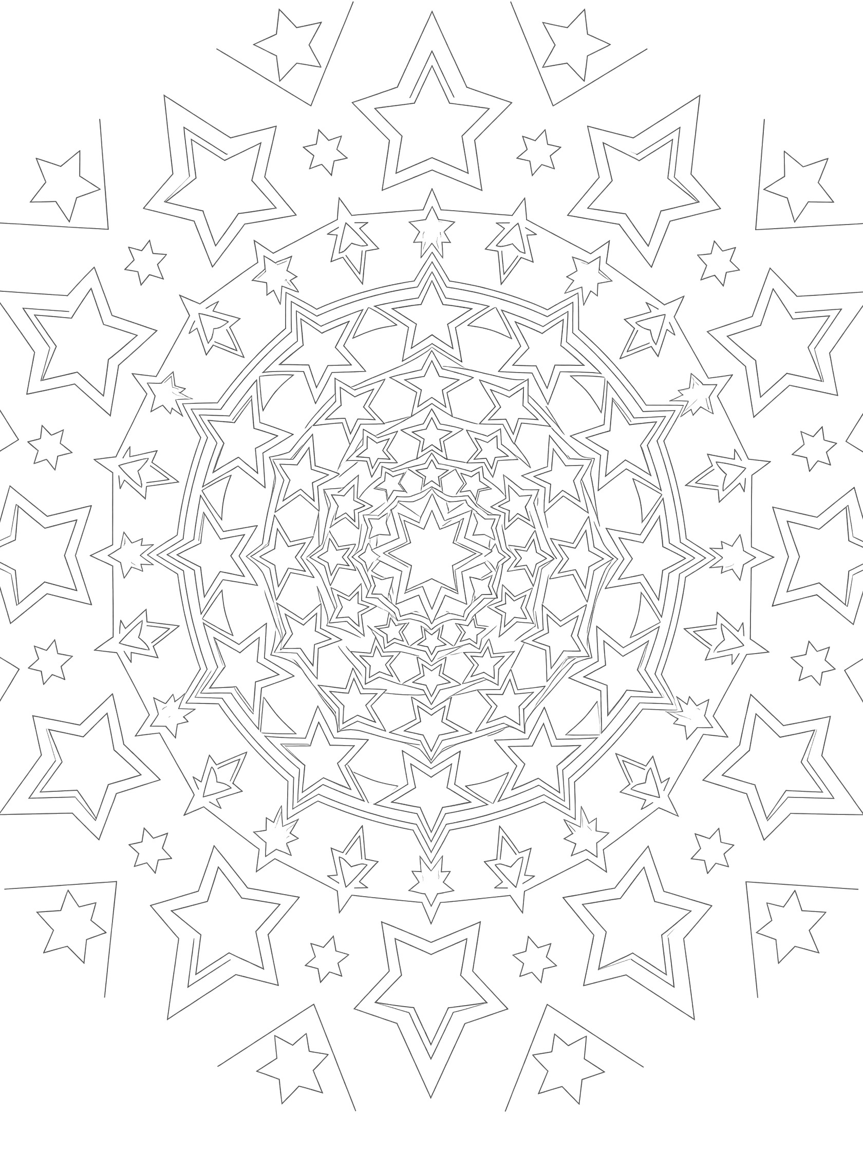 Black and white line art of a mesmerizing spiral star vortex pattern with five-pointed stars in layered rings and geometric shapes.