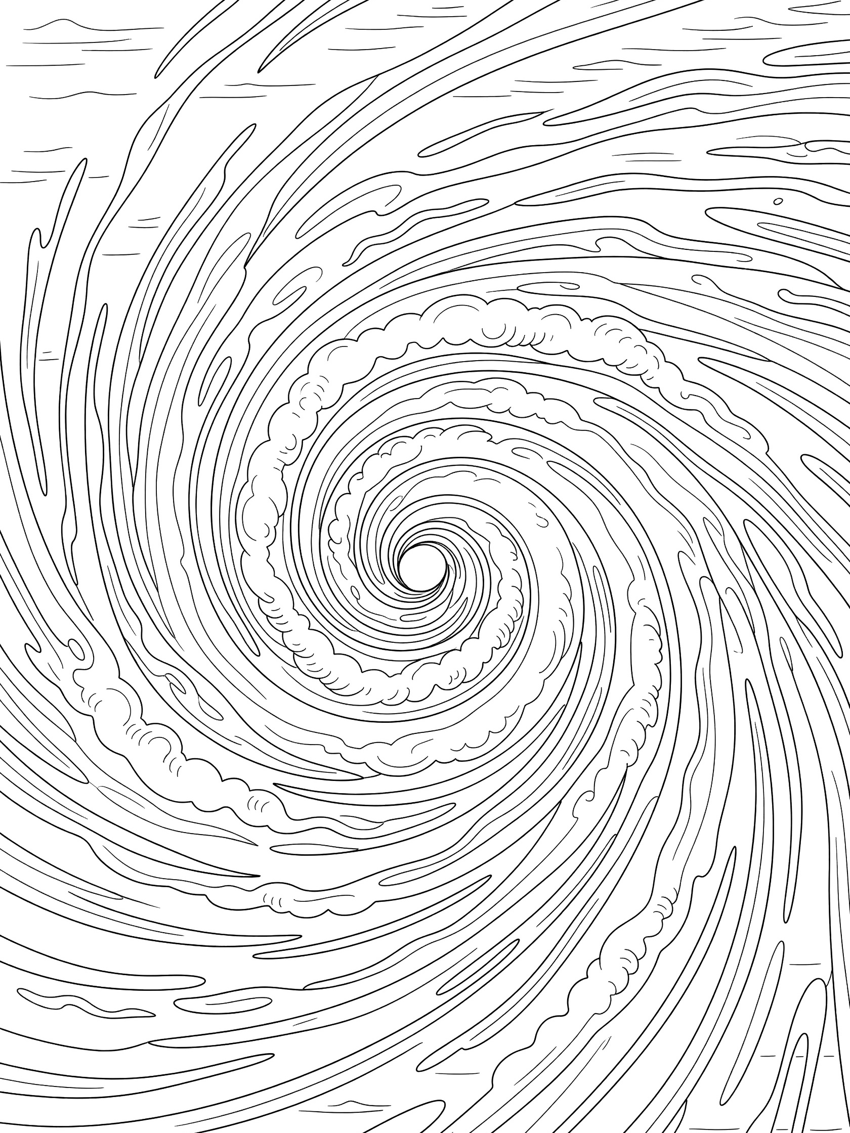 Black and white line art coloring page showing a large spiral swirl pattern with many curved lines forming circles around a central eye-like circle. Hurricane themed black and white printable line art