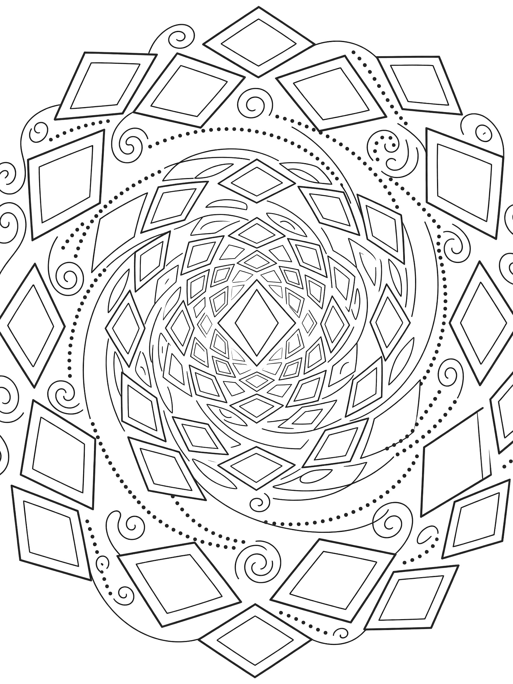 Black and white line art coloring page with spiraling diamonds vortex, interlocking diamond shapes and geometric swirls on white background
