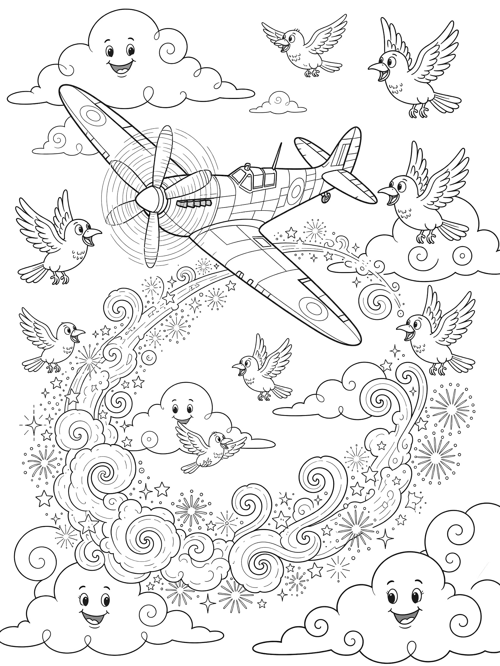 Doodle-style line art of a Spitfire plane upside down in a loop-de-loop, with propeller spinning, curly smoke and sparkles trailing behind, birds cheering, and fun cloud shapes in the sky.