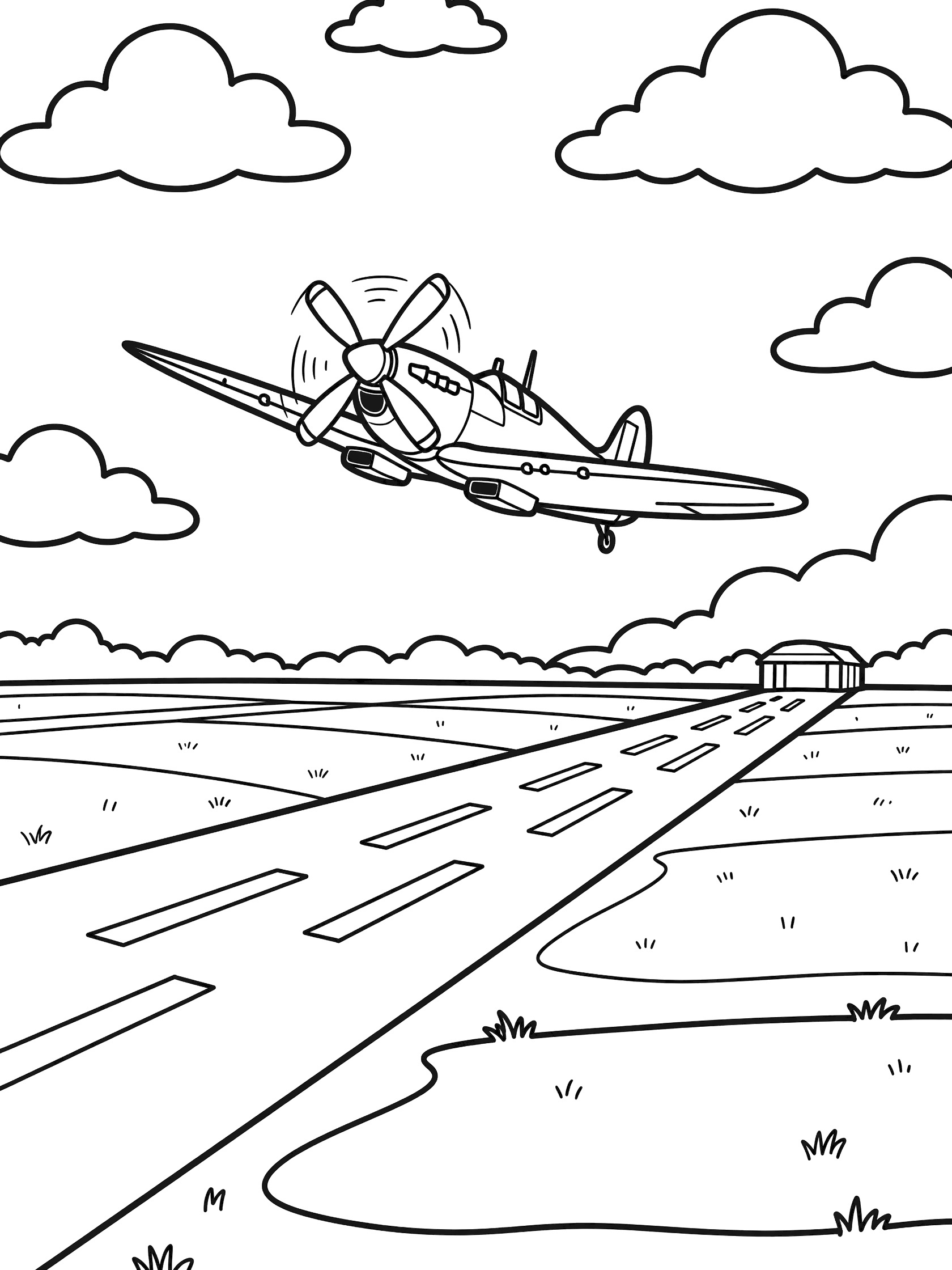 Spitfire airplane in whimsical style taking off from striped runway, propeller spinning, elliptical wings, fluffy clouds, small hangar and grass fields