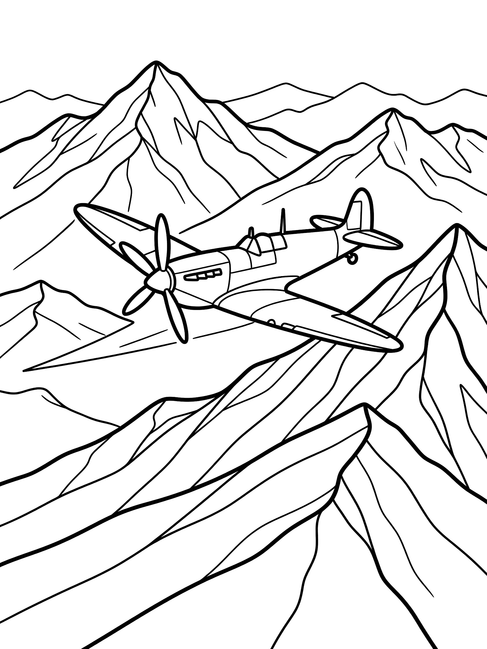 Black and white line art of a Spitfire plane banking in flight over layered mountain peaks, perfect for kids coloring.