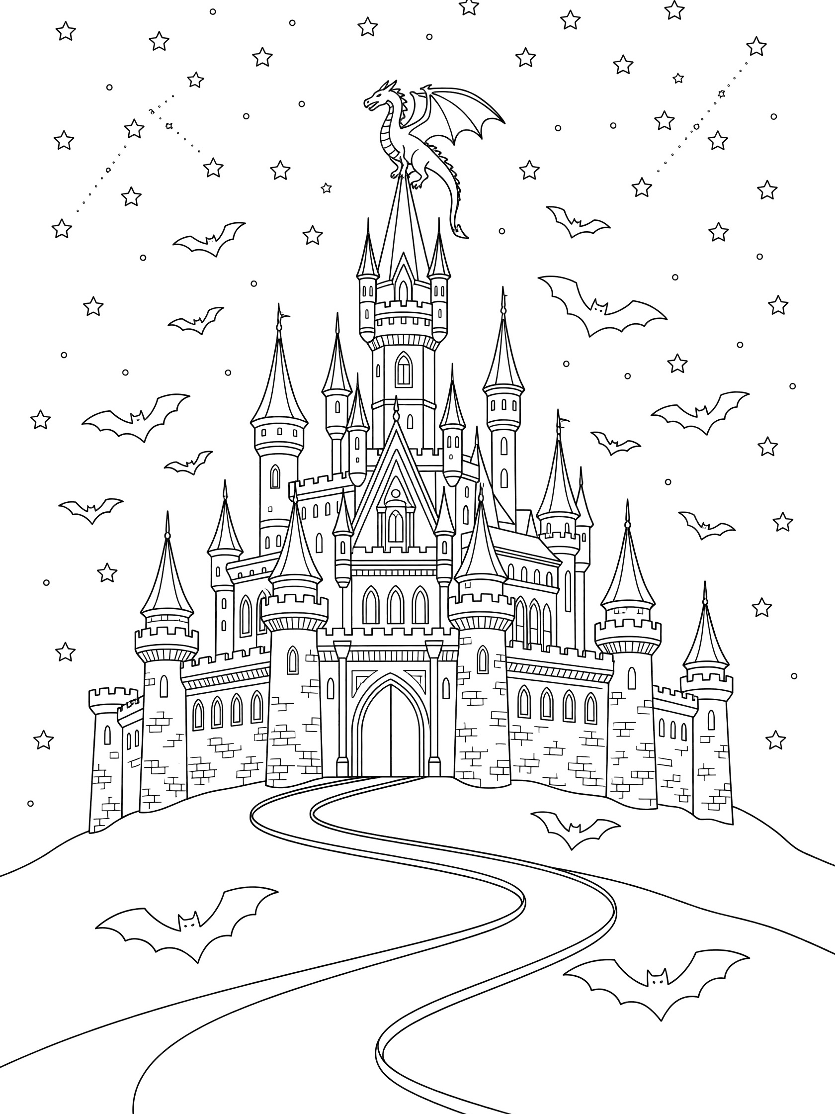 Black and white line art of a tall spooky castle with pointy towers, a dragon sitting on the highest tower, bats flying nearby, stars above, and a curvy road leading to the gate. Dragon Castle themed black and white printable line art