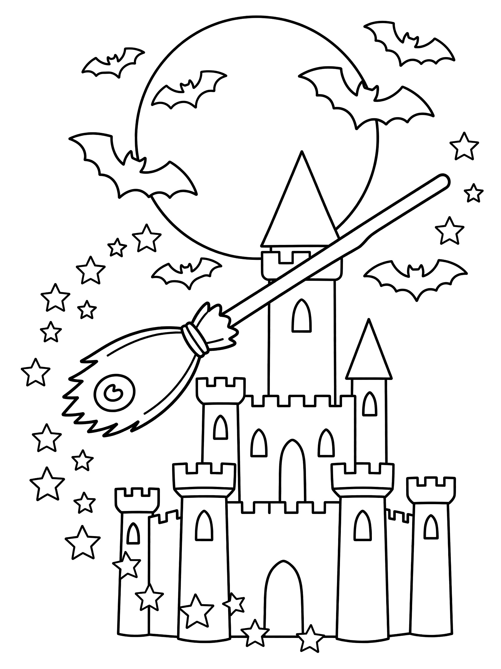 Black and white line art coloring page showing a tall castle with towers, a broomstick flying over it with curly bristles and stars trailing behind, full moon in the sky, and bats flying around.