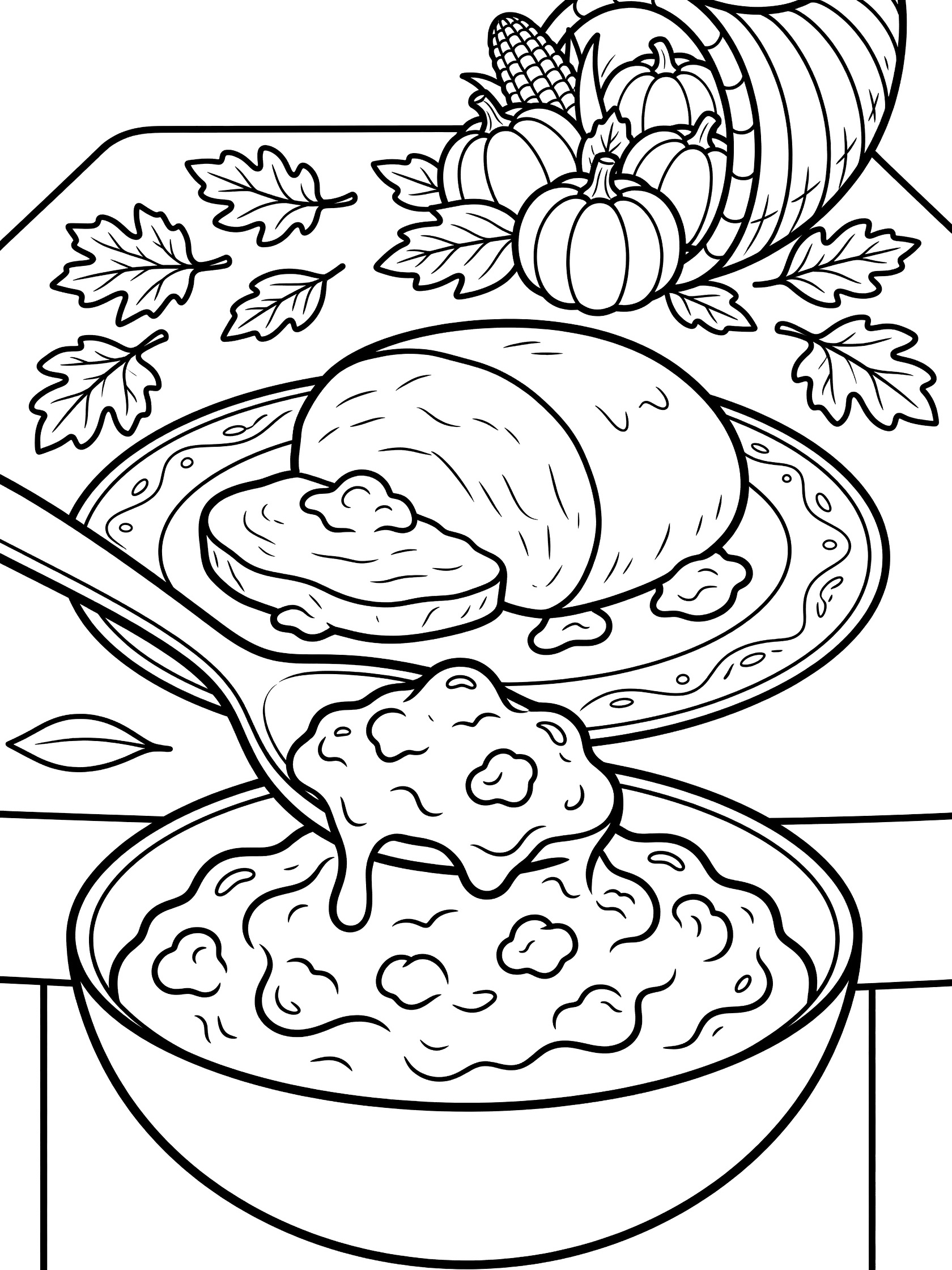 Black and white line art of a large spoon scooping wobbly cranberry sauce from a bowl onto sliced roast turkey on a festive plate, with cornucopia, pumpkins, and fall leaves in the background.
